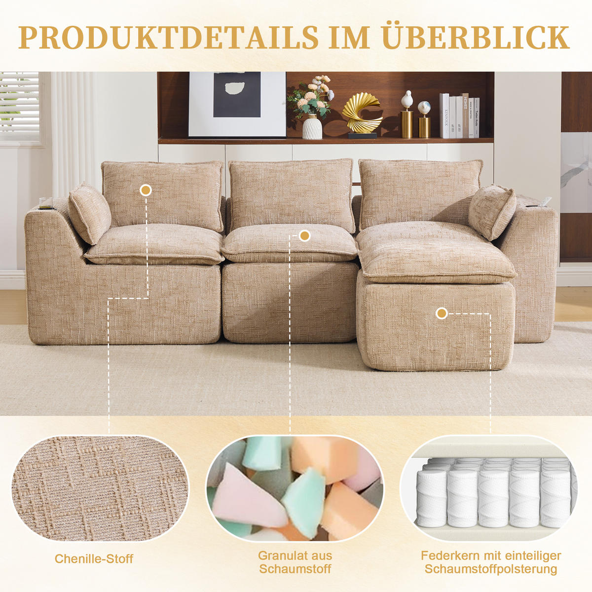 3-SITZER-SOFA aus Chenille, mit Fußhocker und Getränkehalter - Sandfarben, Textil (256/75/161cm) - Urban Meuble