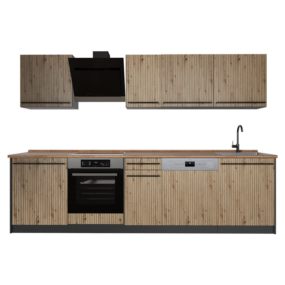 KÜCHENZEILE R-Line, Artisan-Eiche/Anthrazit, 280 cm Arbeitsplatte Goldkraft Eiche - Anthrazit/Eiche Artisan, Holzwerkstoff (280/206.8/60cm) - Vicco