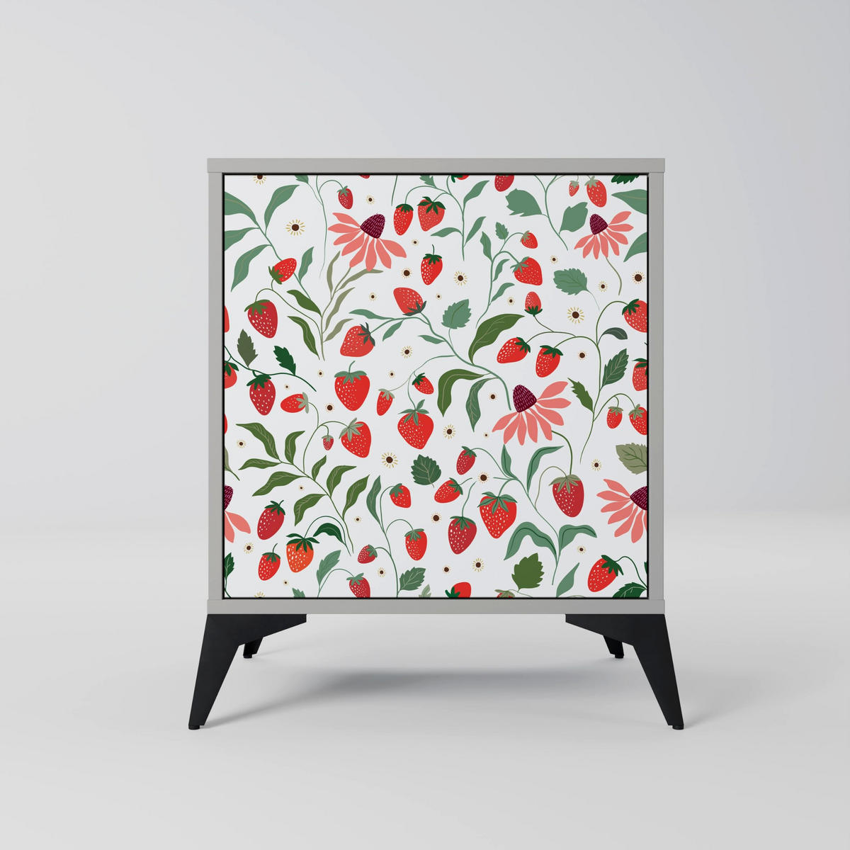 SIDEBOARD FLOWERS AND STRAWBERRIES, Grau, 57,5x42x75,5 cm, Goldfarbene Metallfüße - Goldfarben/Multicolor, Holzwerkstoff/Metall (57.5/75.5/42cm) - SpaceRebels