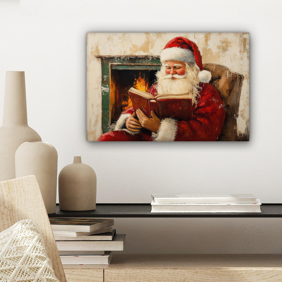 LEINWANDBILD Weihnachten - Weihnachtsmann - Winter - Open Fireside Deko Schlafzimmer 30x20 cm - Dunkelrot, Textil (30/20cm) - MuchoWow