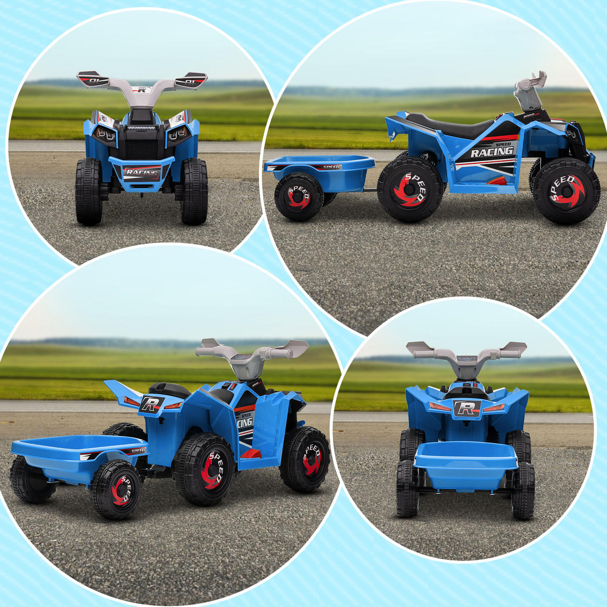 KINDERQUAD Kinder Elektro-Quad 6V Elektroauto mit Anhänger, 2,5 km/h Metall Blau - Blau, Metall (106/41.5/48.5cm) - HOMCOM