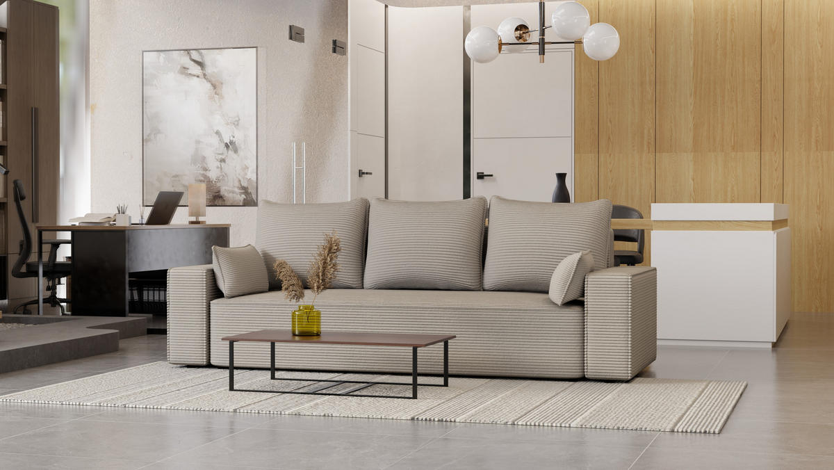 SOFA Vens mit Bettkasten und Schlaffunktion, Cordstoff - Beige, Holzwerkstoff (242/85/95cm)