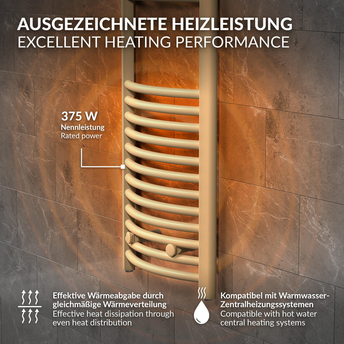 HANDTUCHHEIZKÖRPER 400 x 1200 mm Beige Badheizkörper gebogen mit Seitenanschluss - Beige, Metall (40/120/3cm) - LuxeBath