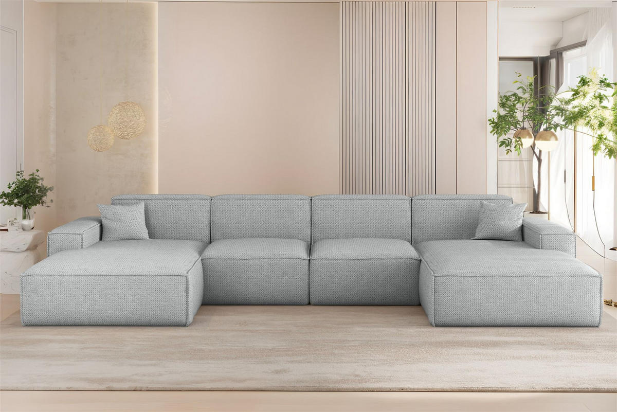 WOHNLANDSCHAFT Celes Premium In Artico - Hellgrau, Holzwerkstoff/Textil (378/73/165cm) - Fun Möbel