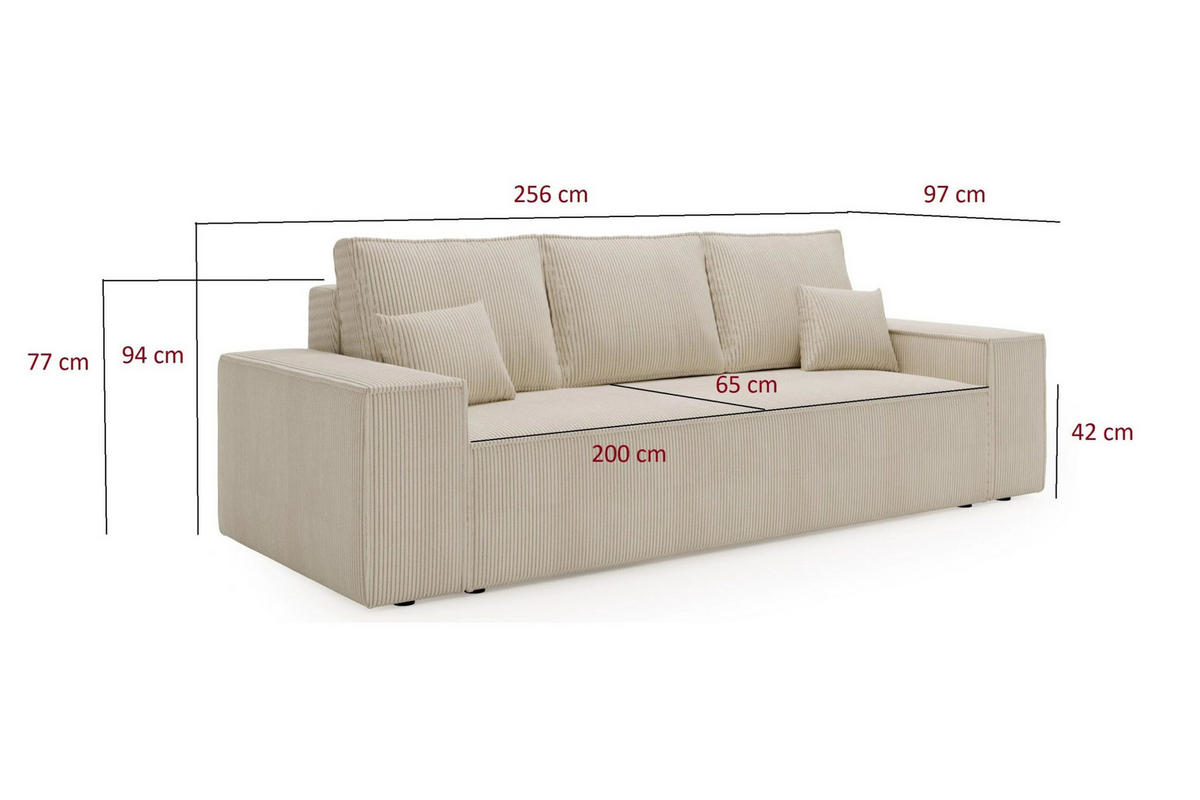 SCHLAFSOFA AGA, Sofa mit Schlaffunktion und Bettkasten, Farbe: Beige, Cordstoff - Beige, Textil (256/94/97cm) - Sepro Meble