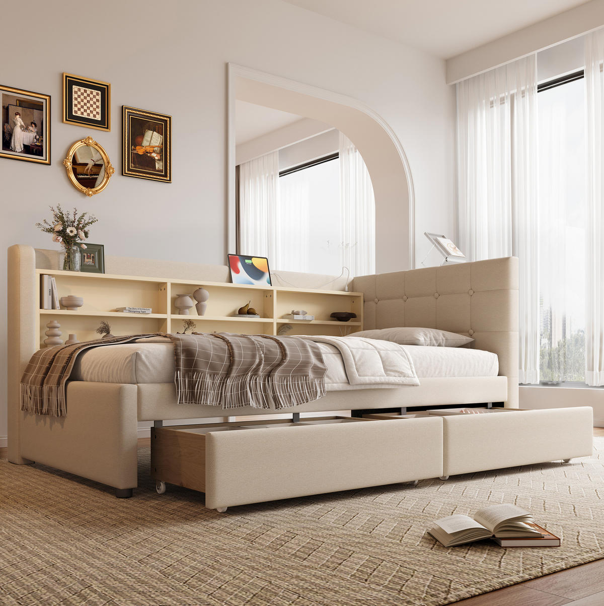 POLSTERBETT 90/200 cm aus Leinen mit 2 Schubladen, USB-C und Ablagefächern, Beige - Beige, Textil (90/200cm) - Redom