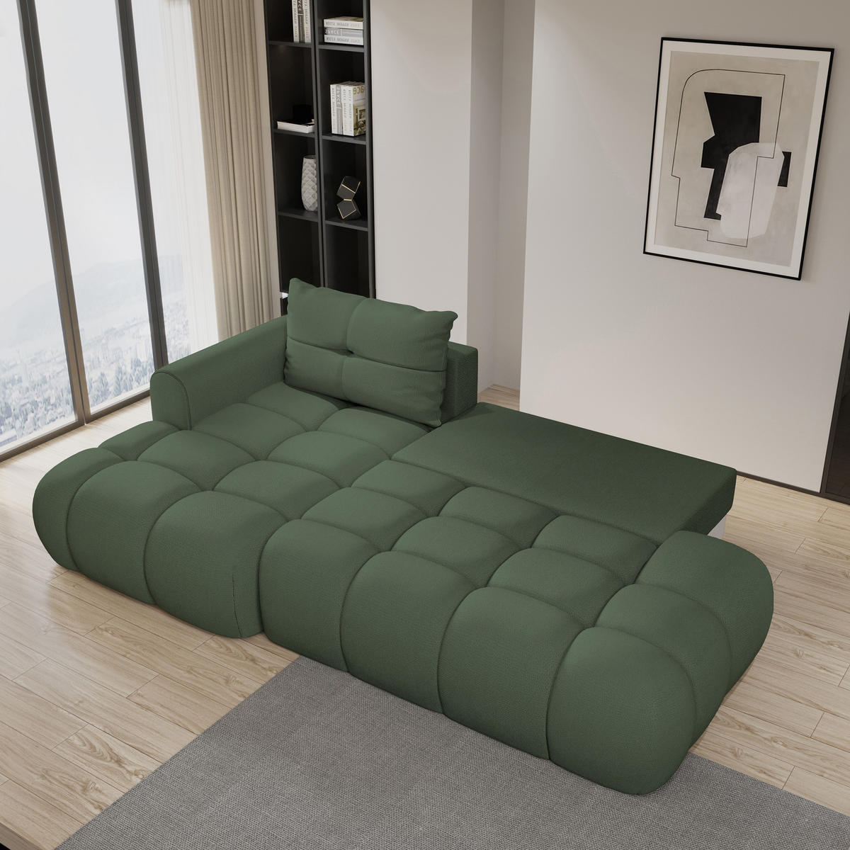ECKSOFA FLUMA L-S Grün Geflochtener Stoff mit Schlaffunktion - Grün, Holz (274/165cm) - MASSENO