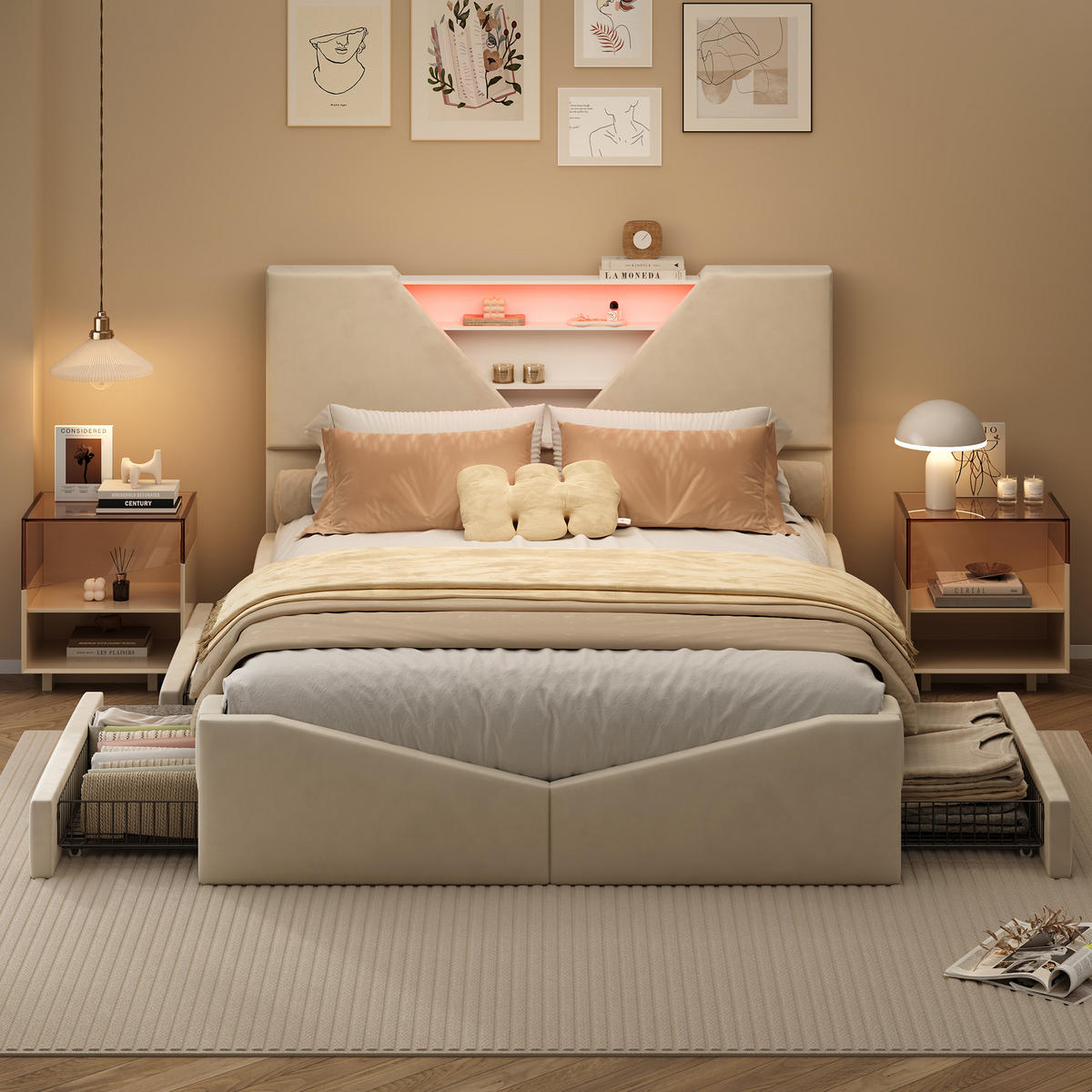 POLSTERBETT 140x190 cm mit 2 Schubladen, LED & USB, Doppelbett mit Kopfteil Stauraum, Beige - Beige, Metall (140/190cm) - EuroLiving