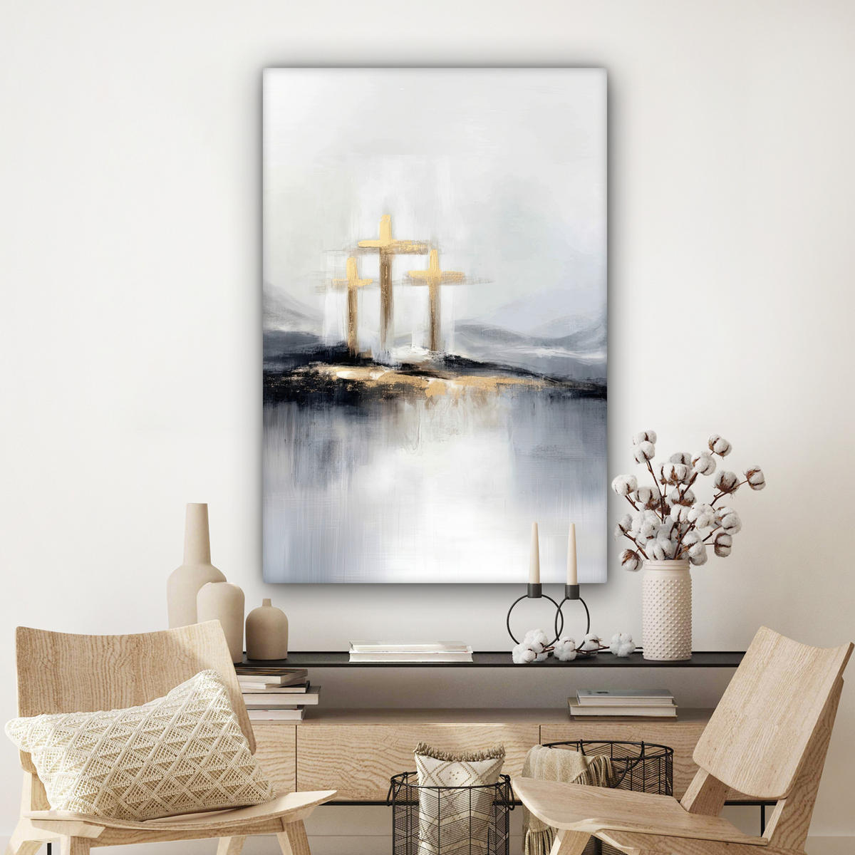 LEINWANDBILD Abstrakt - Malerei - Christentum - Kreuz Deko XXL 80x120 cm - Weiß, Textil (80/120cm) - MuchoWow