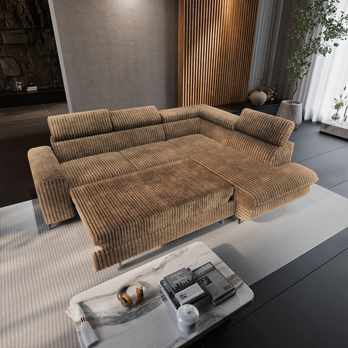 ECKSOFA VELISS Beige Kordstoff mit Schlaffunktion - Beige, Holz (255/193cm) - MASSENO