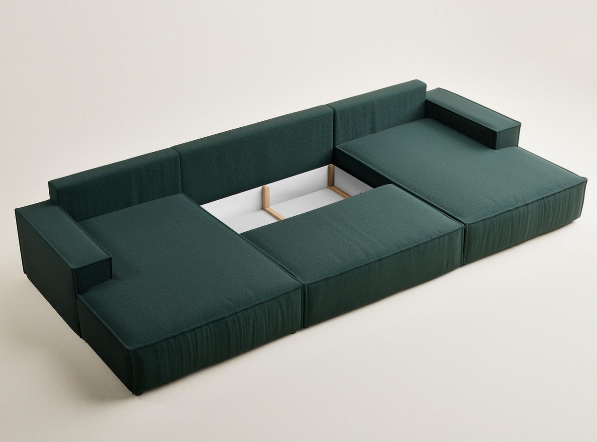 WOHNLANDSCHAFT Kyoto Grün Webstoff - Schwarz/Grün, Holz/Holzwerkstoff (398/70/148cm) - Maison de Reve