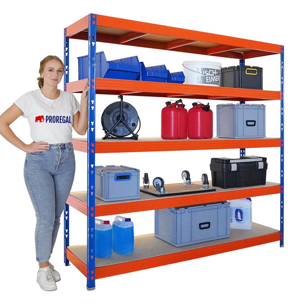 SCHWERLASTREGAL Rhino 200x200x60 cm 5 Spanplatten-Ebenen 8mm Fachlast 500 kg Blau/Orange - Blau/Orange, Metall (200/200/60cm) - PROREGAL