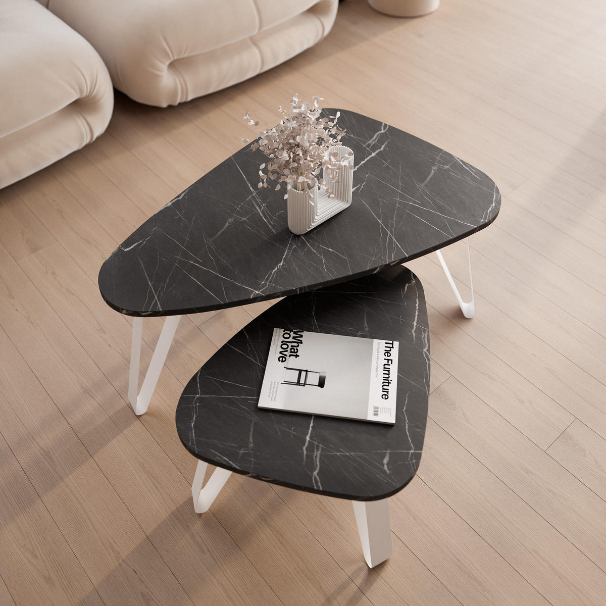 SATZTISCH NOA Stahlgestell, Freiform, Weiß / Grigia Pietra - Weiß/Grau, Holzwerkstoff/Metall (94/60/42cm) - Idohome