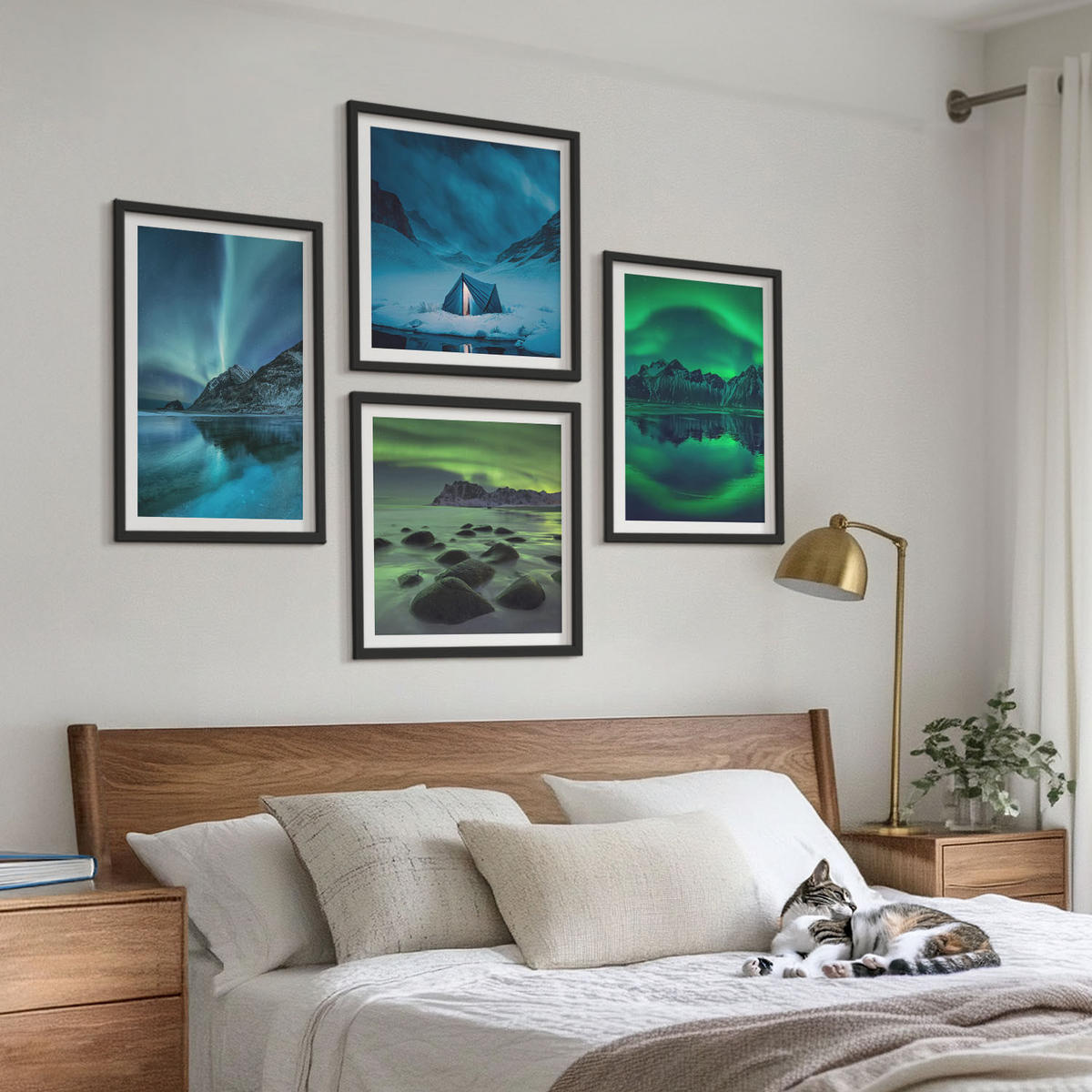 BILDER SET 4er Set - 50x50 cm & 40x60 cm Schwarzer Rahmen - Winterlandschaft mit Nordlichtern - Schwarz, Kunststoff (50/50cm) - TULUP