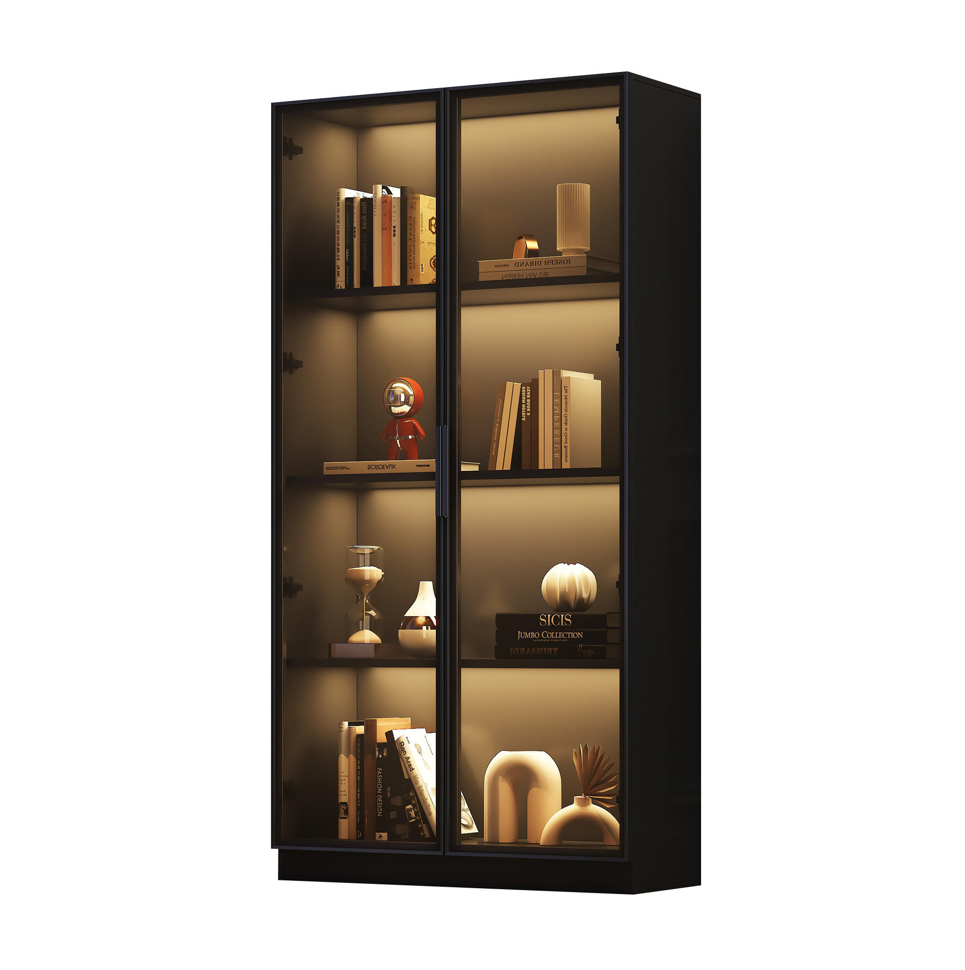 VITRINE 80/40/160 cm in Schwarz mit LED-Beleuchtung und Glastüren - Schwarz, Holzwerkstoff (40/160/80cm) - Flora Grace