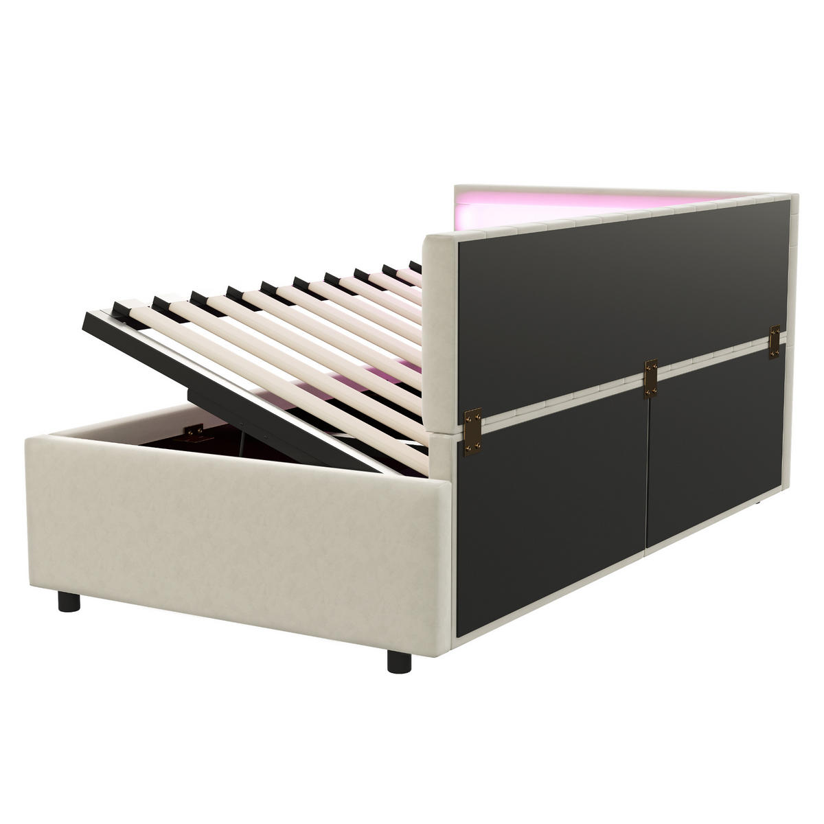 POLSTERBETT 90/200 mit Bettkasten, LED und verstellbarem Kopfteil in Beige - Beige, Holzwerkstoff/Textil (90/200cm) - EVRYAE