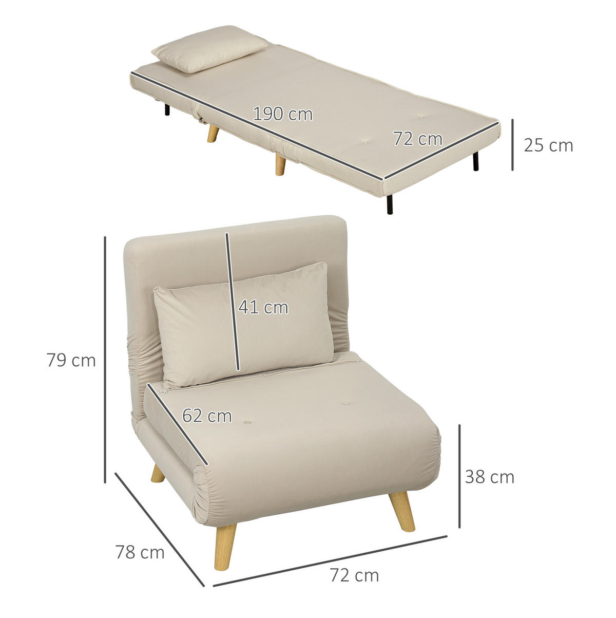 SCHLAFSESSEL mit Bettfunktion 72 x 190 cm Samtoptik Beige - Beige, Holz (78/79/72cm) - Meubliv