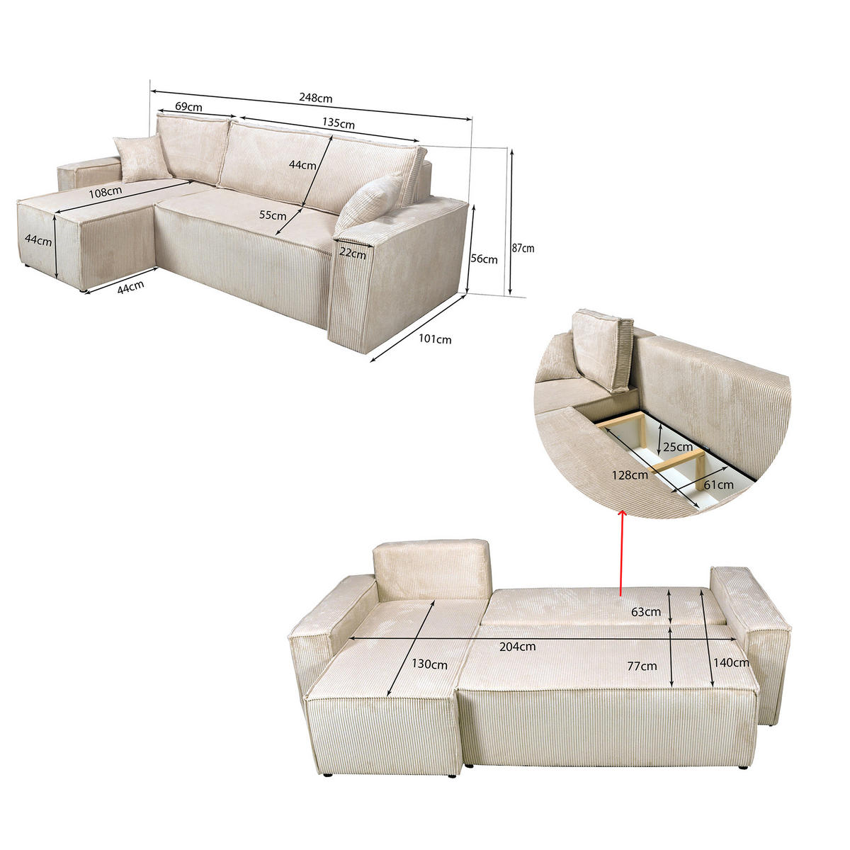 ECKSOFA mit Schlaffunktion/ ELISE, 4 Plätze - Beige - Beige, Textil (144/248cm) - Weber Industries