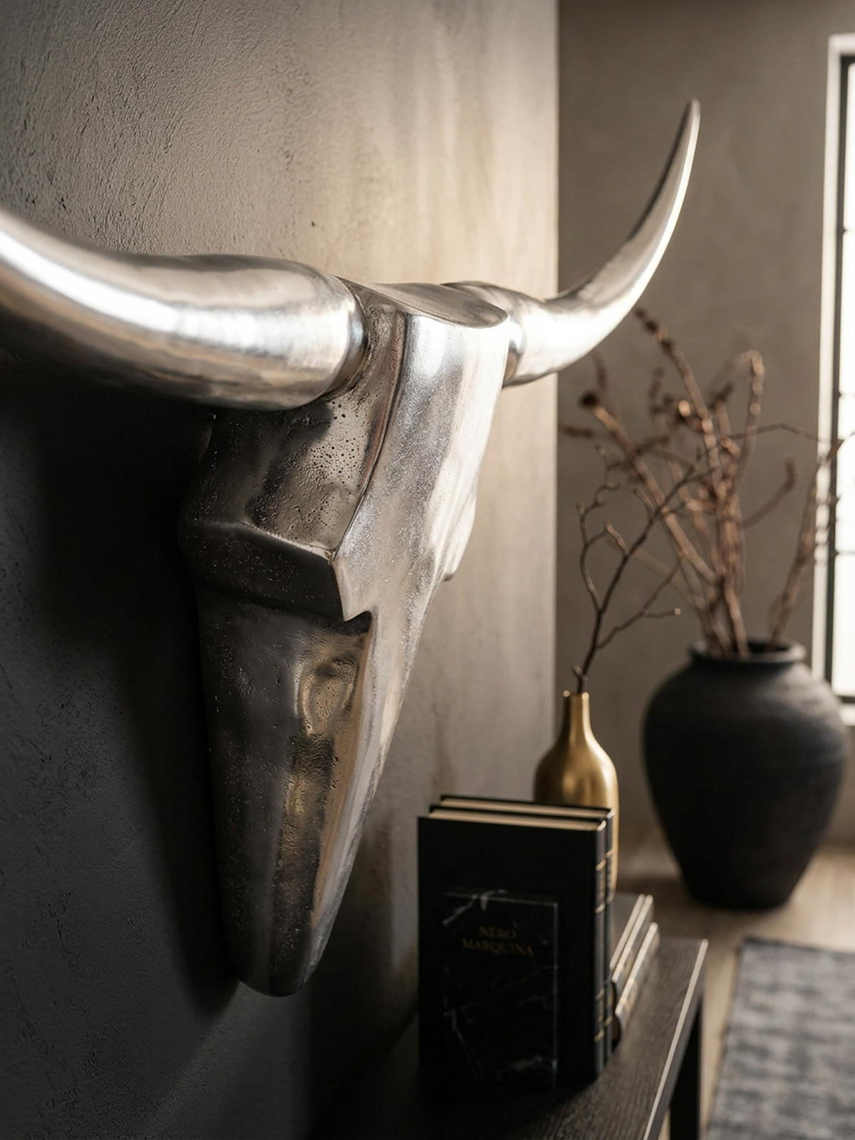 WANDDEKO Bull Geweih aus Aluminium 125 cm Breite, Silber 100x5x35 cm - Silberfarben, Metall (100/35/5cm) - KADIMA DESIGN