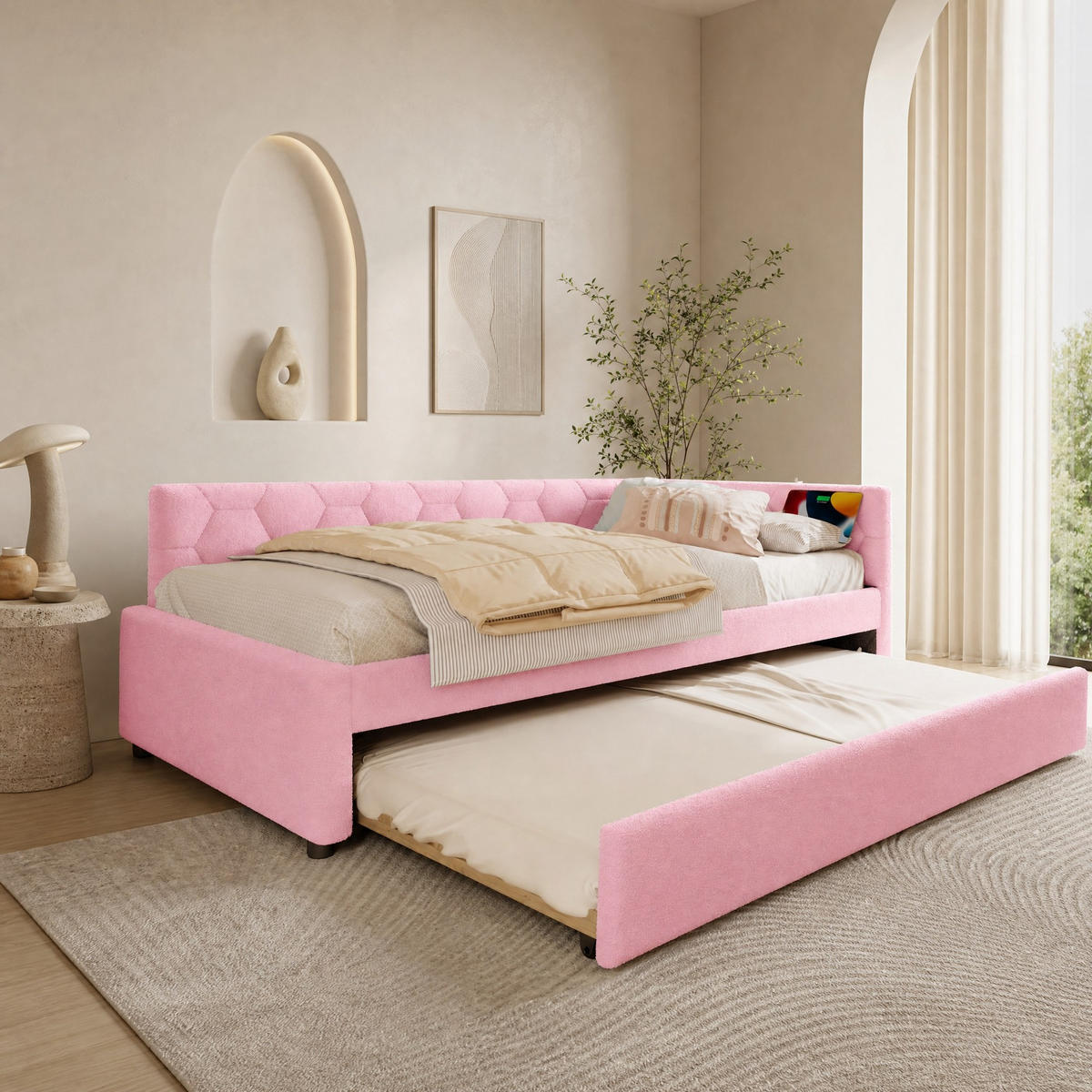 POLSTERBETT 90/200 mit Ausziehbett, Nachttischlampe, USB und Typ-C in Rosa - Rosa, Holzwerkstoff/Textil (90/200cm) - EVRYAE