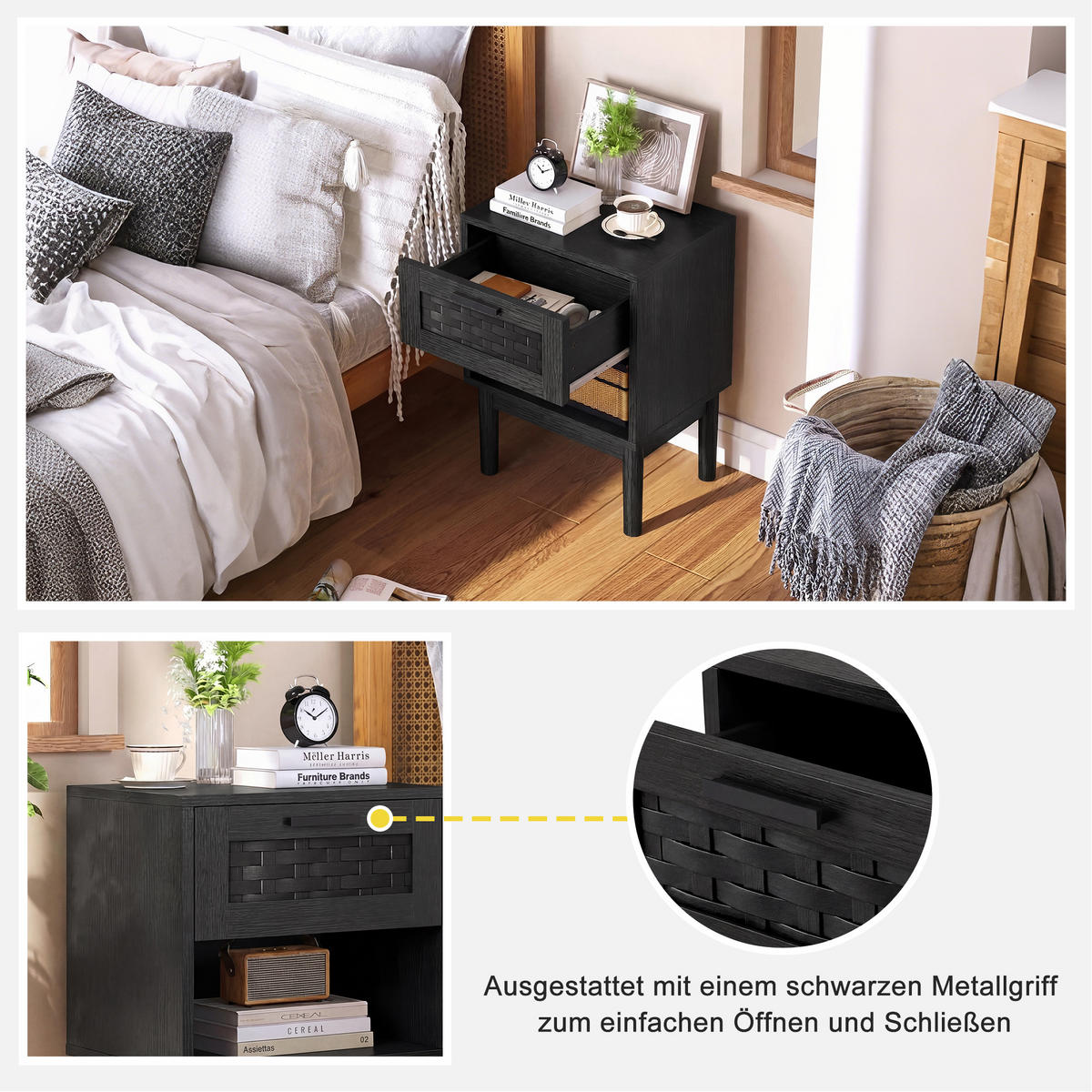 NACHTTISCH 2er Set Holz Rattan Schublade offenes Fach schwarz - Schwarz, Holz (30/55/40cm) - LEBENLANG