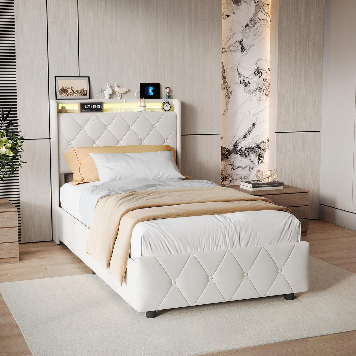 POLSTERBETT,EINZELBETT 90/200 cm mit LED Ladefunktion,4 Rollschubladen Beige Samt - Beige, Holz/Textil (90/200cm) - PARAFTA HOME