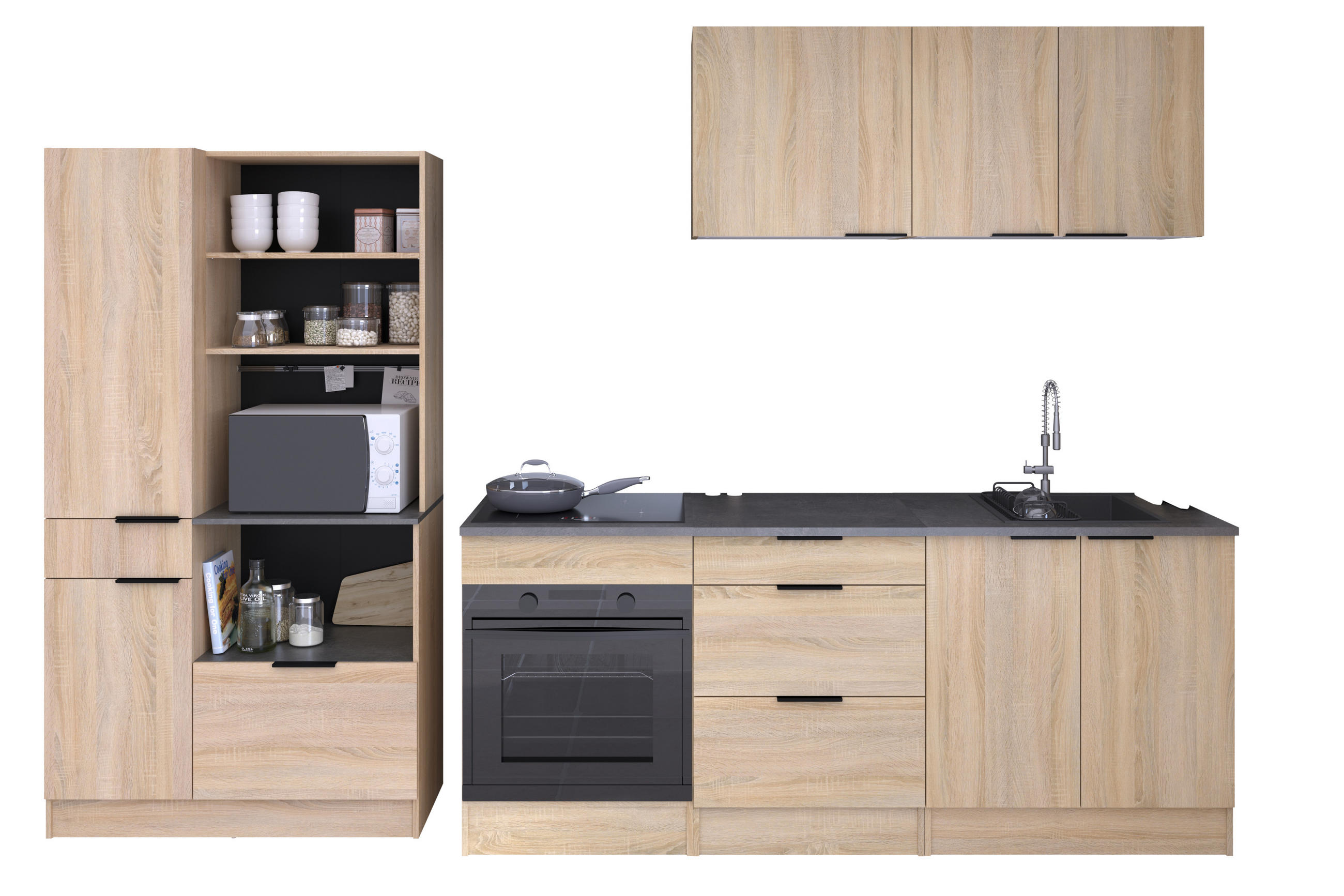 KÜCHENZEILE Fumay 21 in Eiche und Beton Optik 6 teilig Küchenbuffet mit 2 Hängeschränken und 3 Unterschränken - Braun, Holzwerkstoff (80/200/120cm)