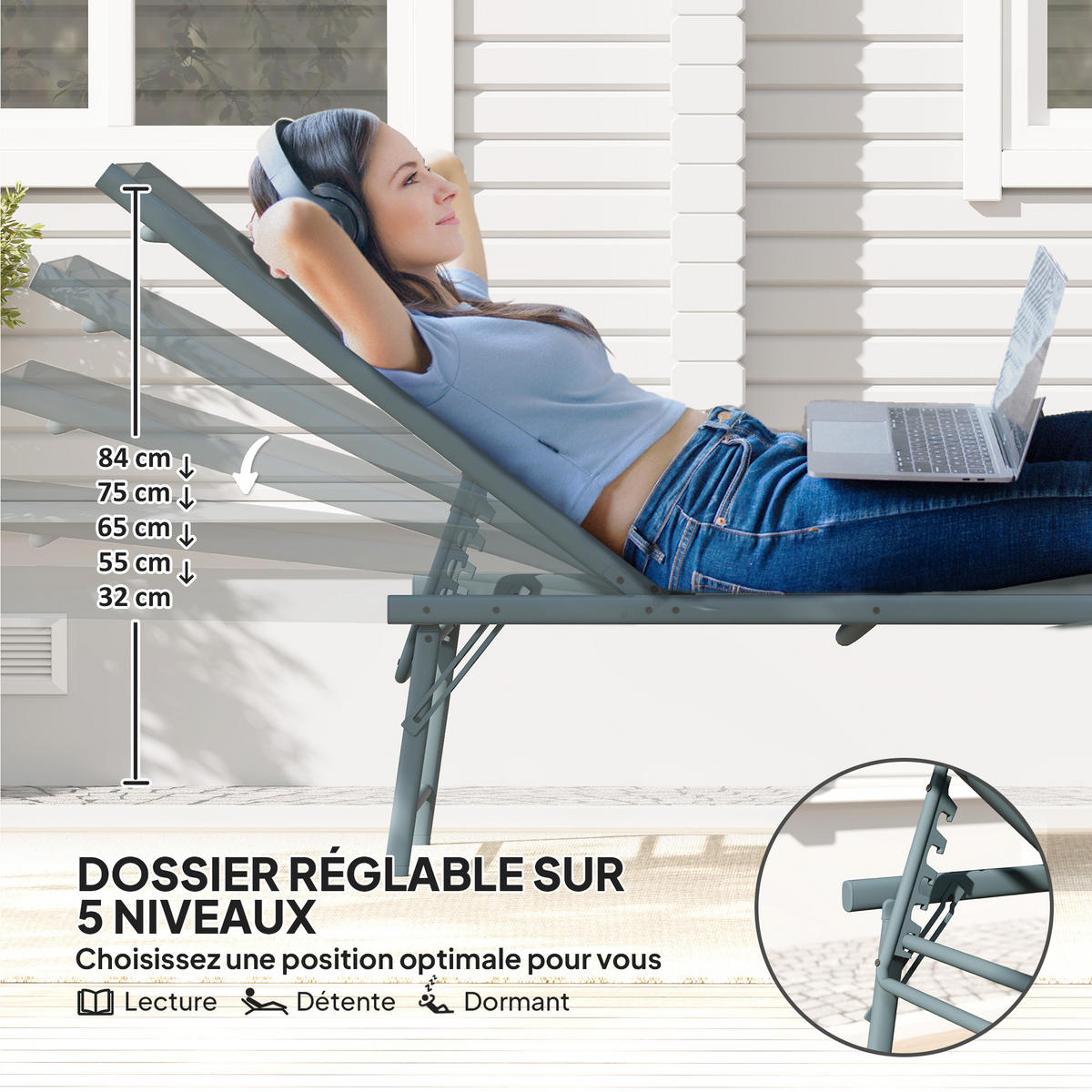 SONNENLIEGE 2er-Set DE-15648 5-fach verstellbar Hellgrau - Hellgrau, Metall (54/84/164cm) - ComfortXL