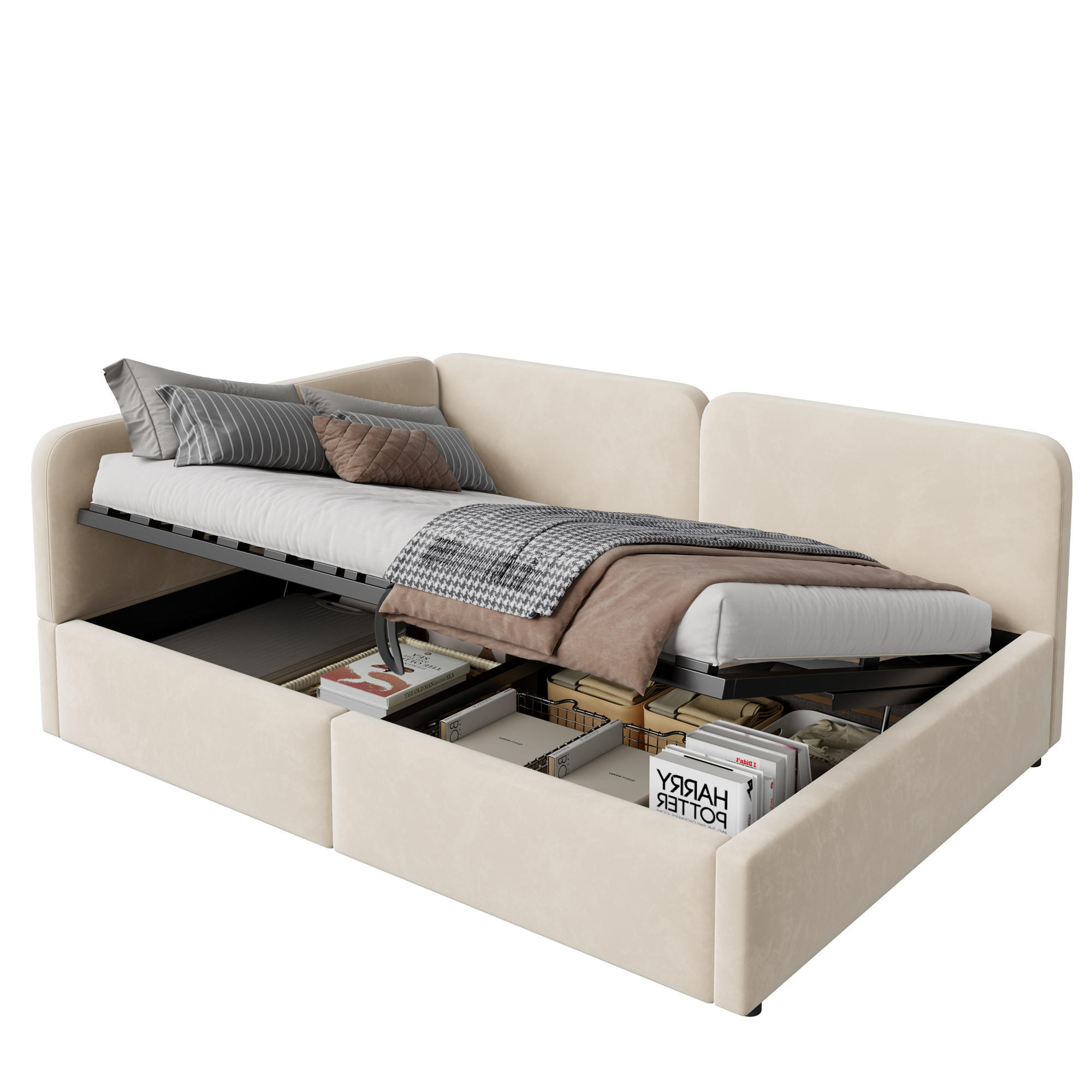 TAGESBETT 140/200 mit Bettkasten, Samtbezug, Lattenrost, Beige - Beige, Holz/Textil - LVHOM