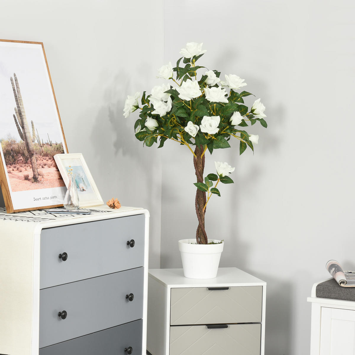 KÜNSTLICHE Rosenpflanzen groß 90 cm Kunstpflanze Rosenbaum für Wohnzimmer - Weiß, Kunststoff (90cm) - Outsunny