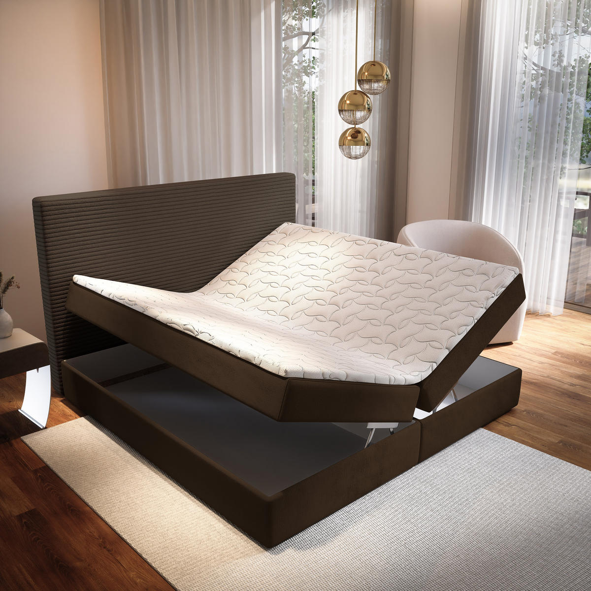 BOXBETT GIARRO 140x200 cm mit Matratze und Topper - Braun - Braun, Holz (140/200cm) - MASSENO