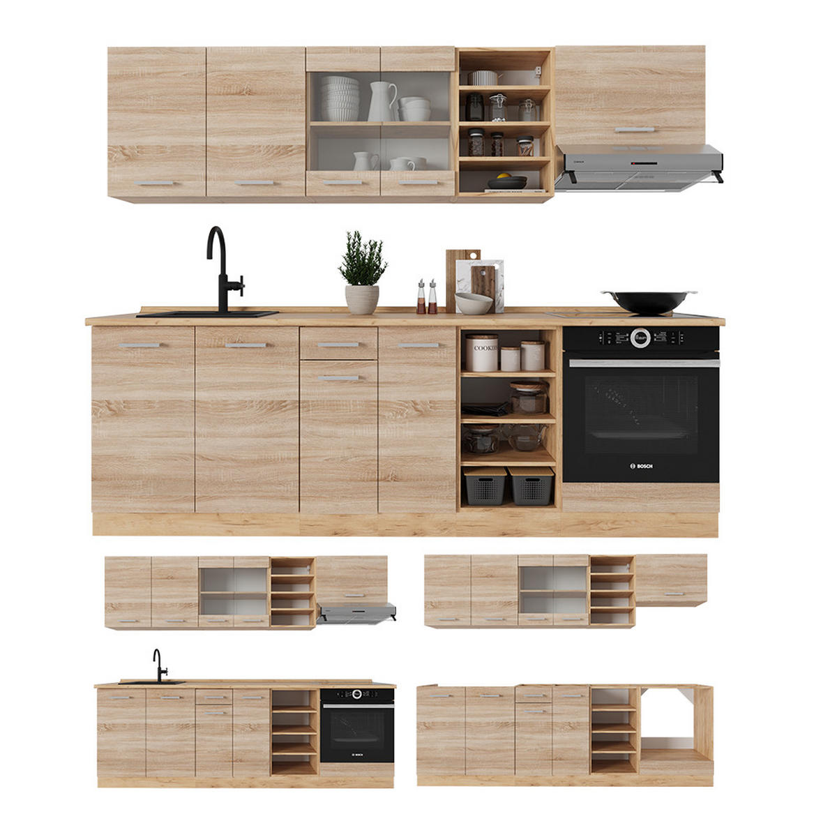 KÜCHENZEILE R-Line Sonoma/Goldkraft Eiche 240 cm ohne Arbeitsplatte - Eiche Wotan/Sonoma Eiche, Holzwerkstoff (240/81.6/46cm) - Vicco