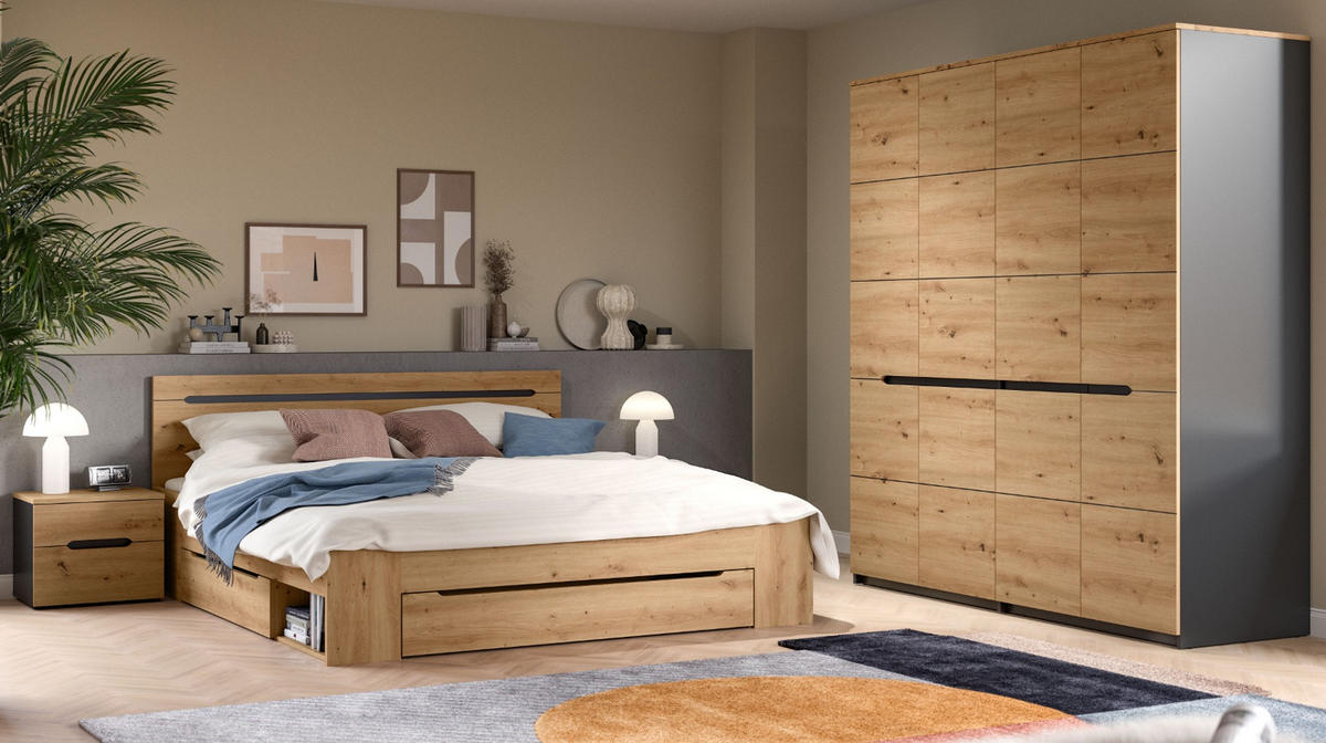 SCHLAFZIMMER Set 4-teilig Eiche Artisan, grau, Komplettset mit großem Kleiderschrank - Eiche Artisan/Grau, Holzwerkstoff/Metall - Inn.Furn