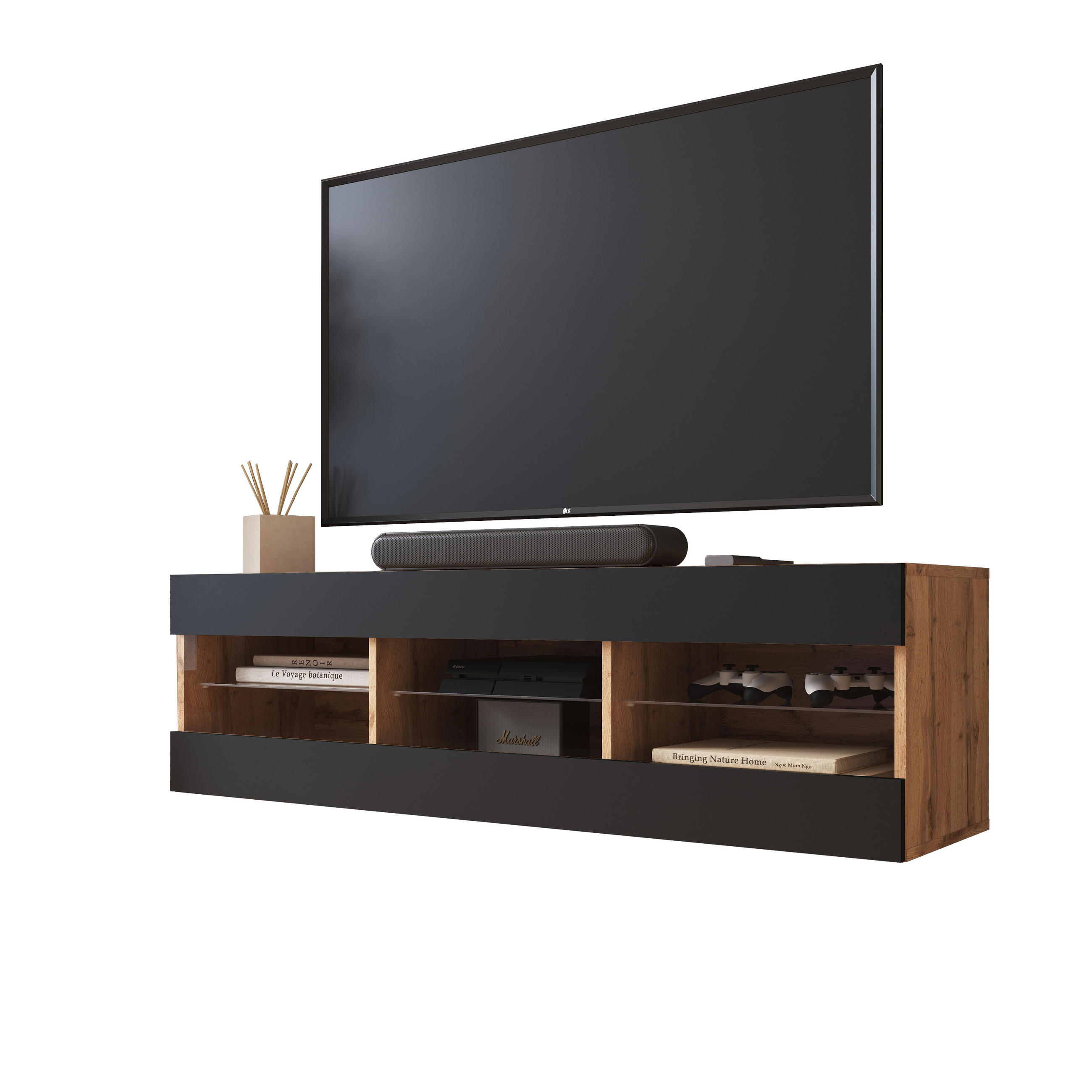 LOWBOARD TIVOLI RTV 140, Schwarz - Eiche Wotan/Schwarz, Glas/Holzwerkstoff (140/40.5/35.5cm) - Komodee