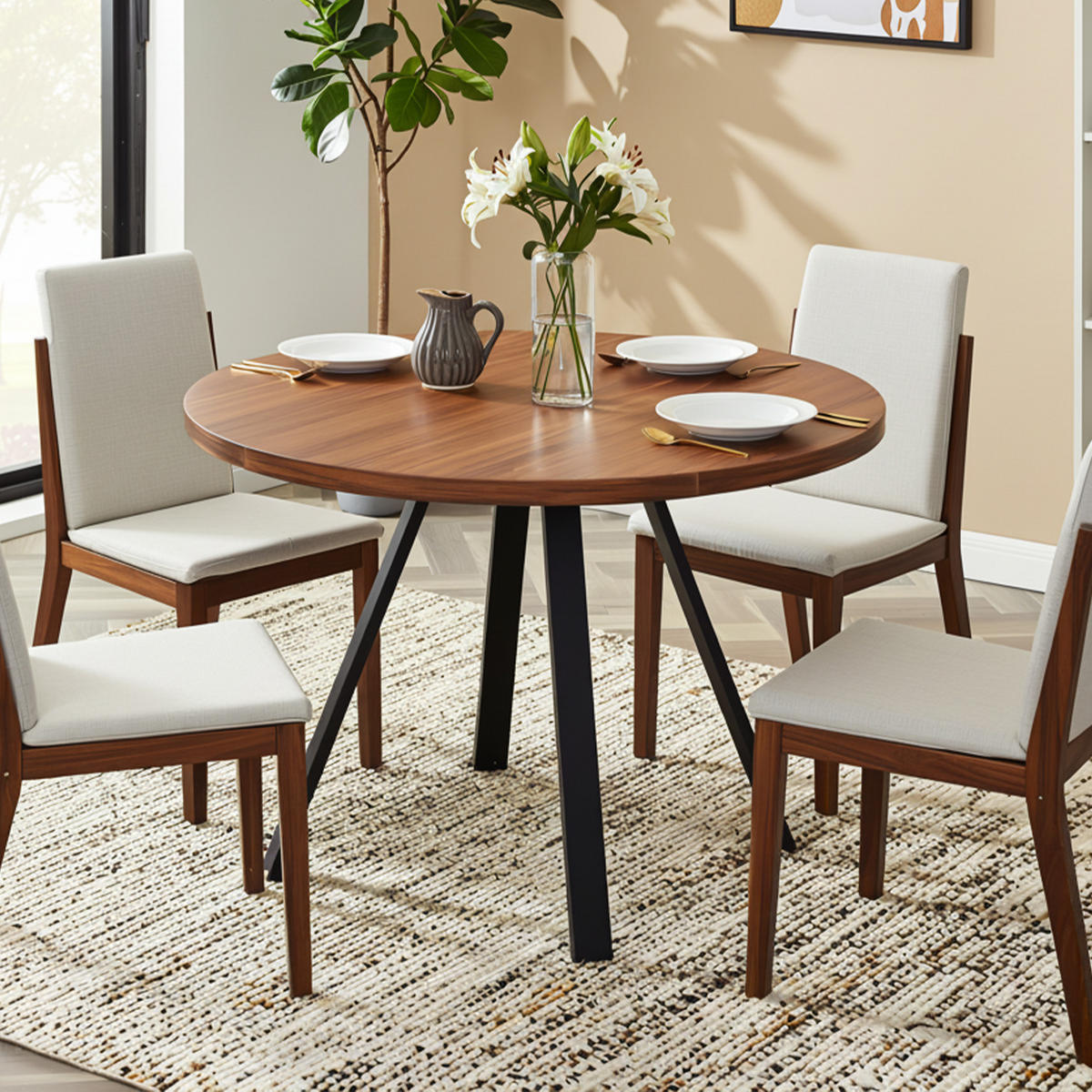 KULATÝ JÍDELNÍ STŮL 80 cm ořech a černá - kompaktní stůl s kovovými nohami v retro designu - Sonoma dub, kompozitní dřevo (80/80/75cm) - Urban Meuble