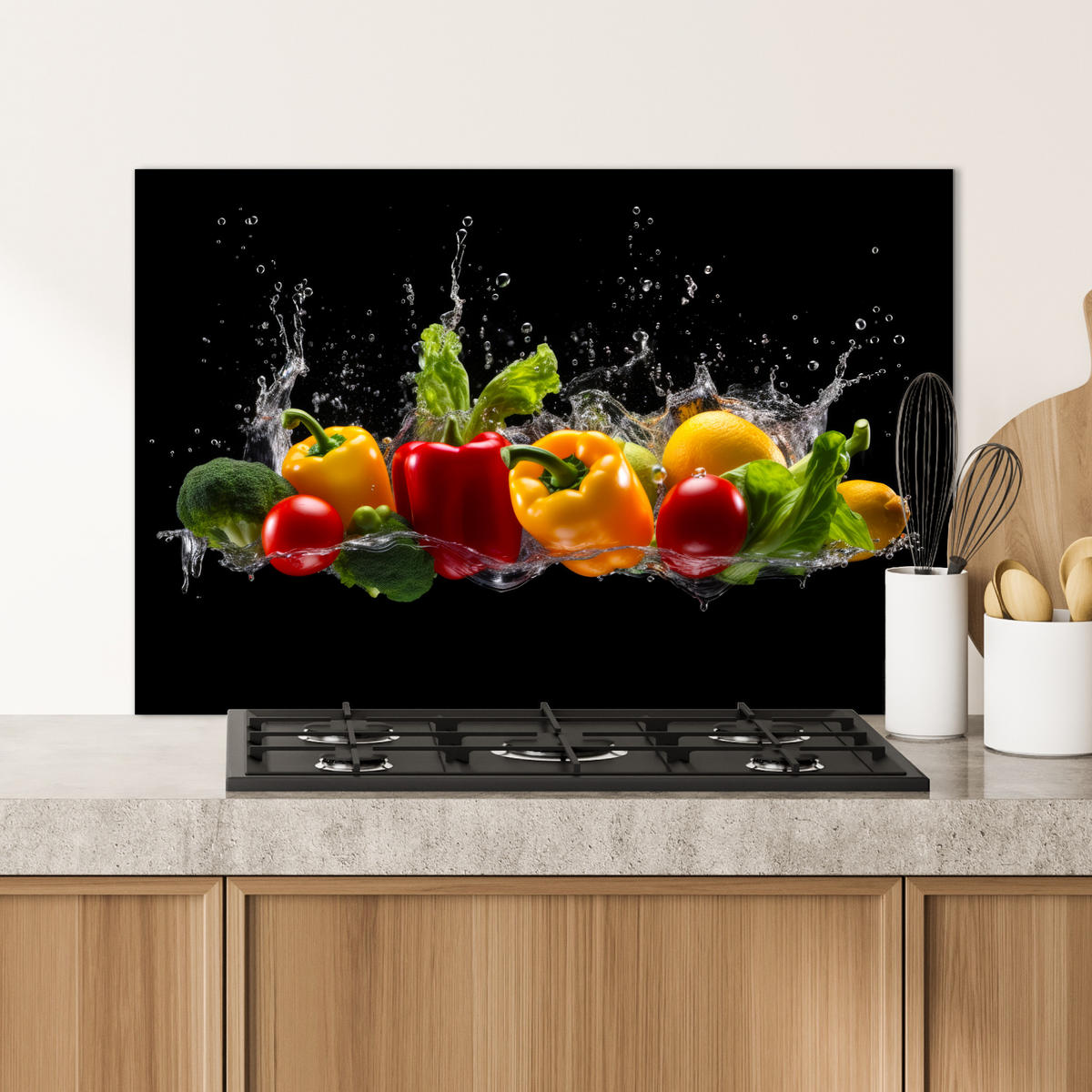 SPRITZSCHUTZ KÜCHE Paprika - Wasser - Gemüse - Schwarz 90x60 cm - Multicolor, Metall (90/0.3/60cm) - MuchoWow