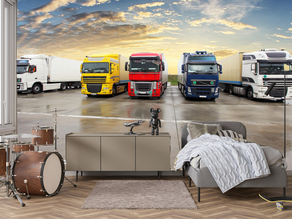 FOTOTAPETE für Wohnzimmer Lastwagen Parken Sonnenuntergang 400x280 - Gelb/Rot, Papier (400/280cm) - Muralo