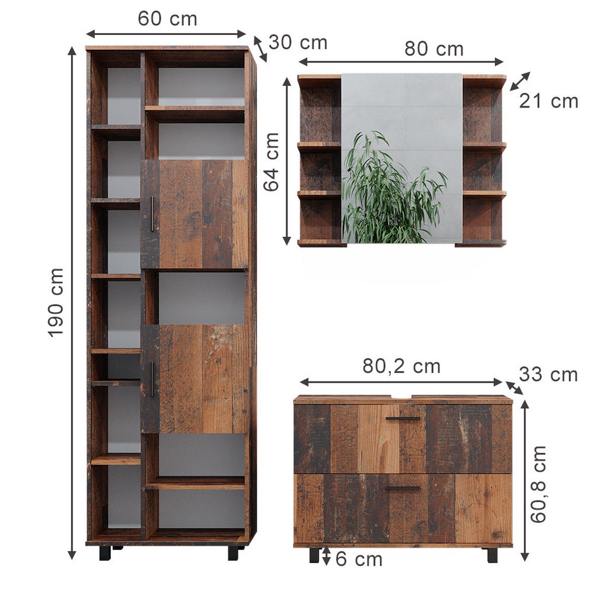 BADMÖBEL-SET Ilias Eiche rustikal 3 Teile, mit Hochschrank - Wildeiche, Holzwerkstoff (80.2/60.8/33cm) - Vicco