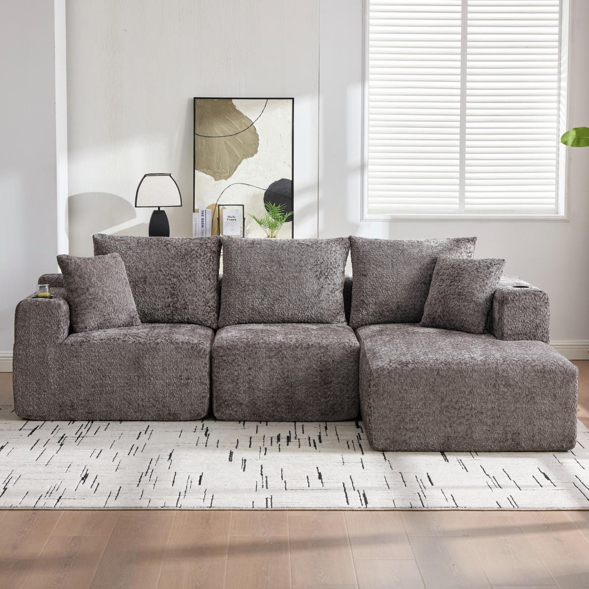 ECKSOFA 261/165/80,5 cm dunkelgrau aus Chenille ohne Montage - Dunkelgrau, Textil (261/165cm) - OKWISH