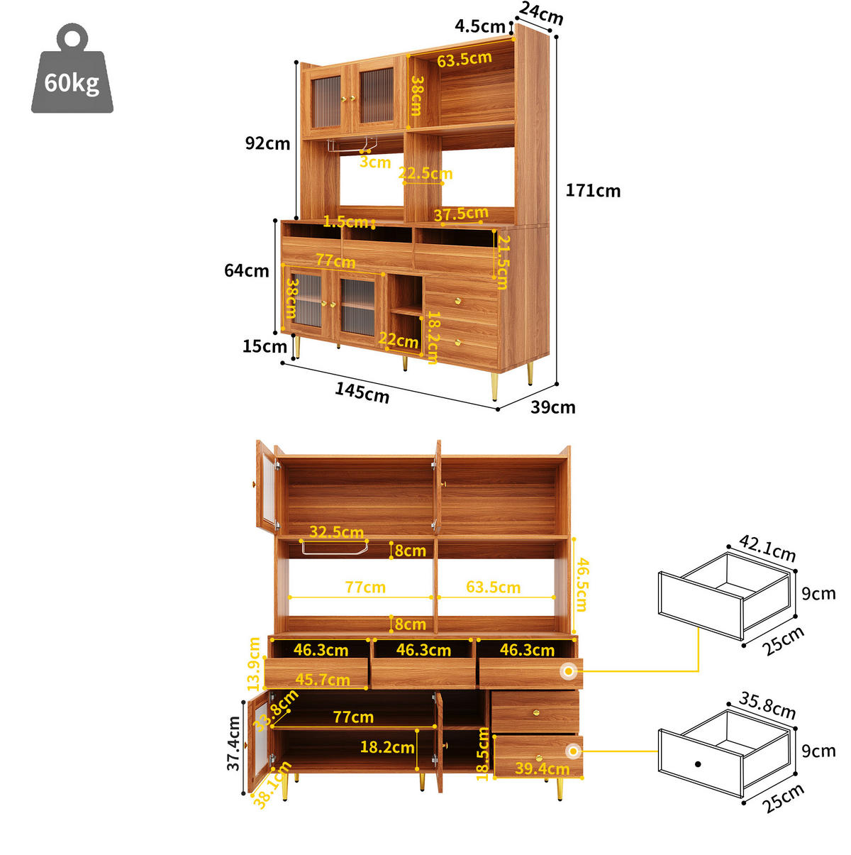 BUFFET 145/39/171 cm aus MDF mit Changhong-Glastüren und Weinregal Walnussbraun - Walnussfarben, Holzwerkstoff (39/171/145cm) - Modenvie