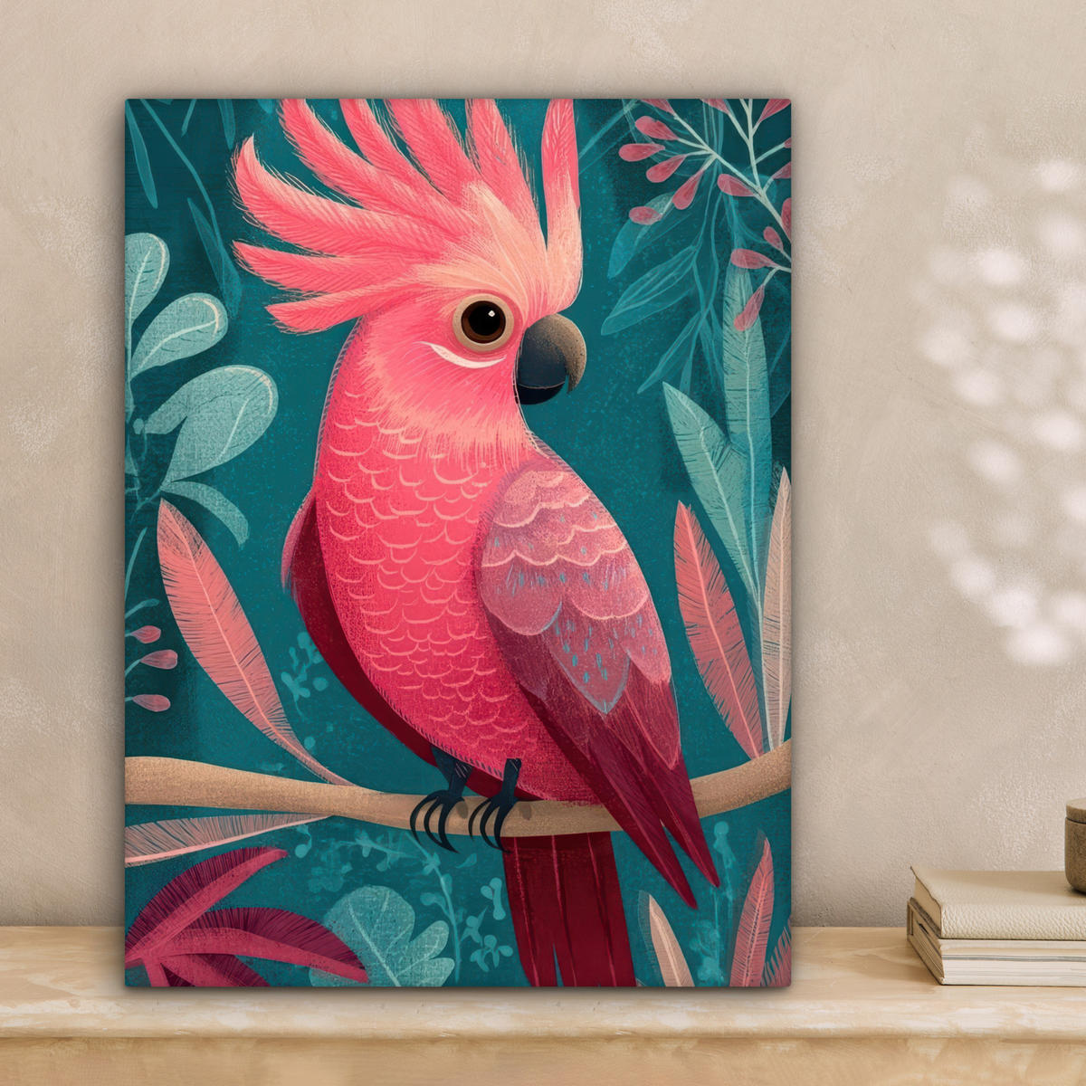 LEINWANDBILD Kakadu - Tropische Blätter - Zweig Room Decor 30x40 cm - Petrol, Textil (30/40cm) - MuchoWow