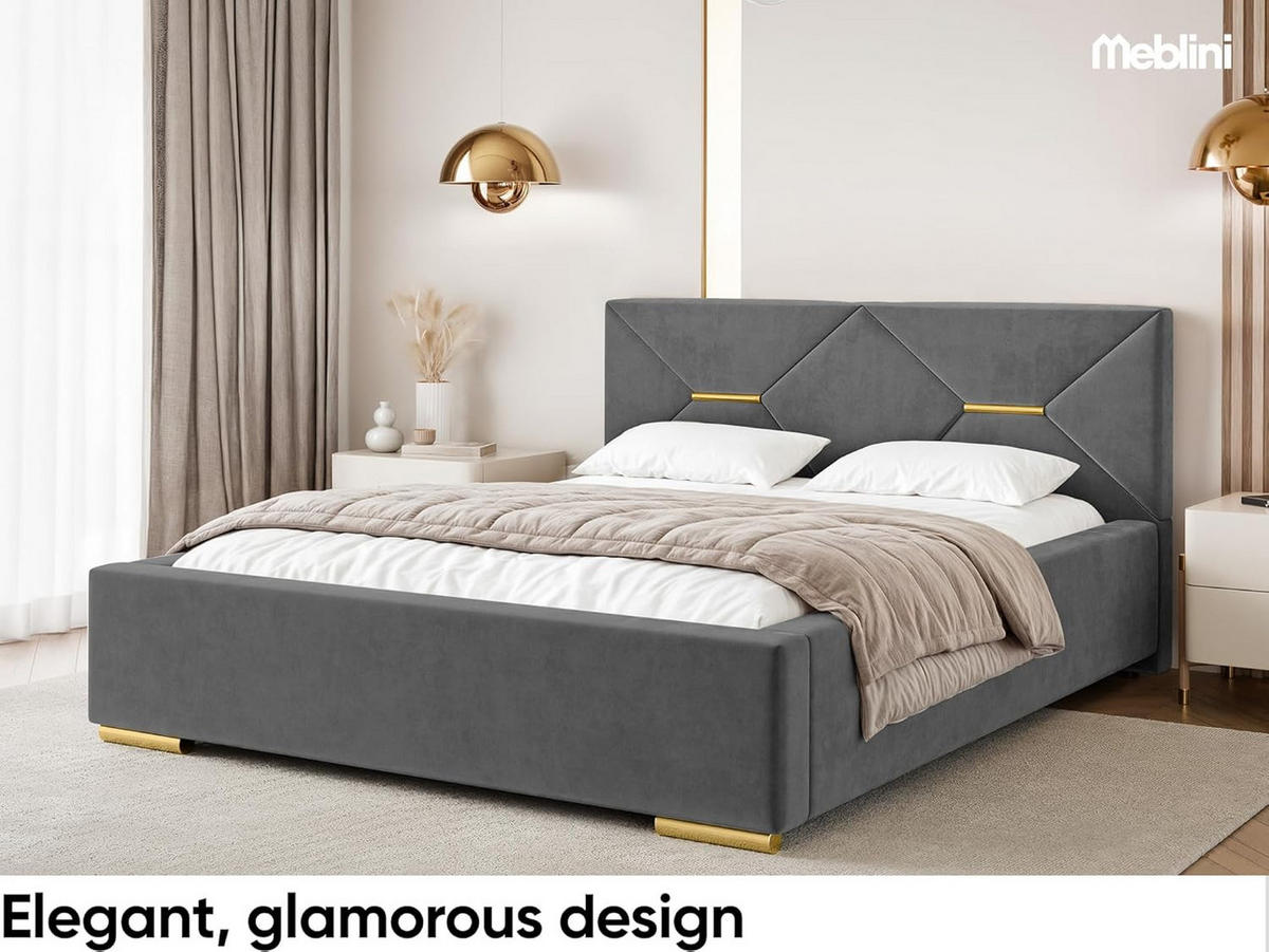 BETT LIZZY - Dunkelgrau/Goldfarben, Holzwerkstoff (120/200cm) - Meblini