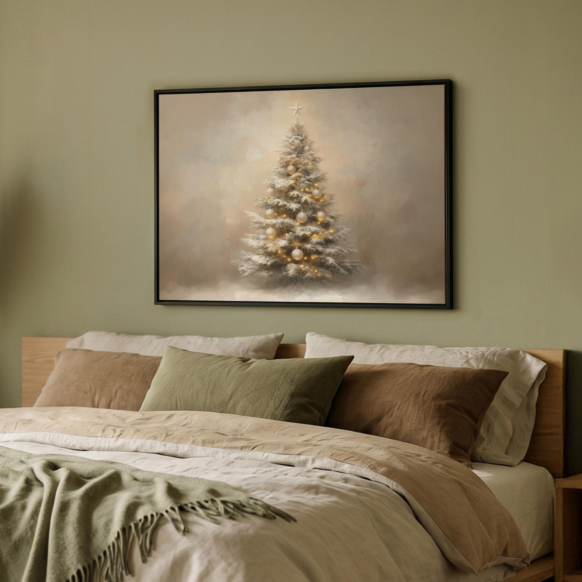 LEINWAND Bilder mit Rahmen - Weihnachten - Weihnachtsbaum - Schnee - Kunst - 70x50 - Champagner, Textil (70/50cm) - MuchoWow