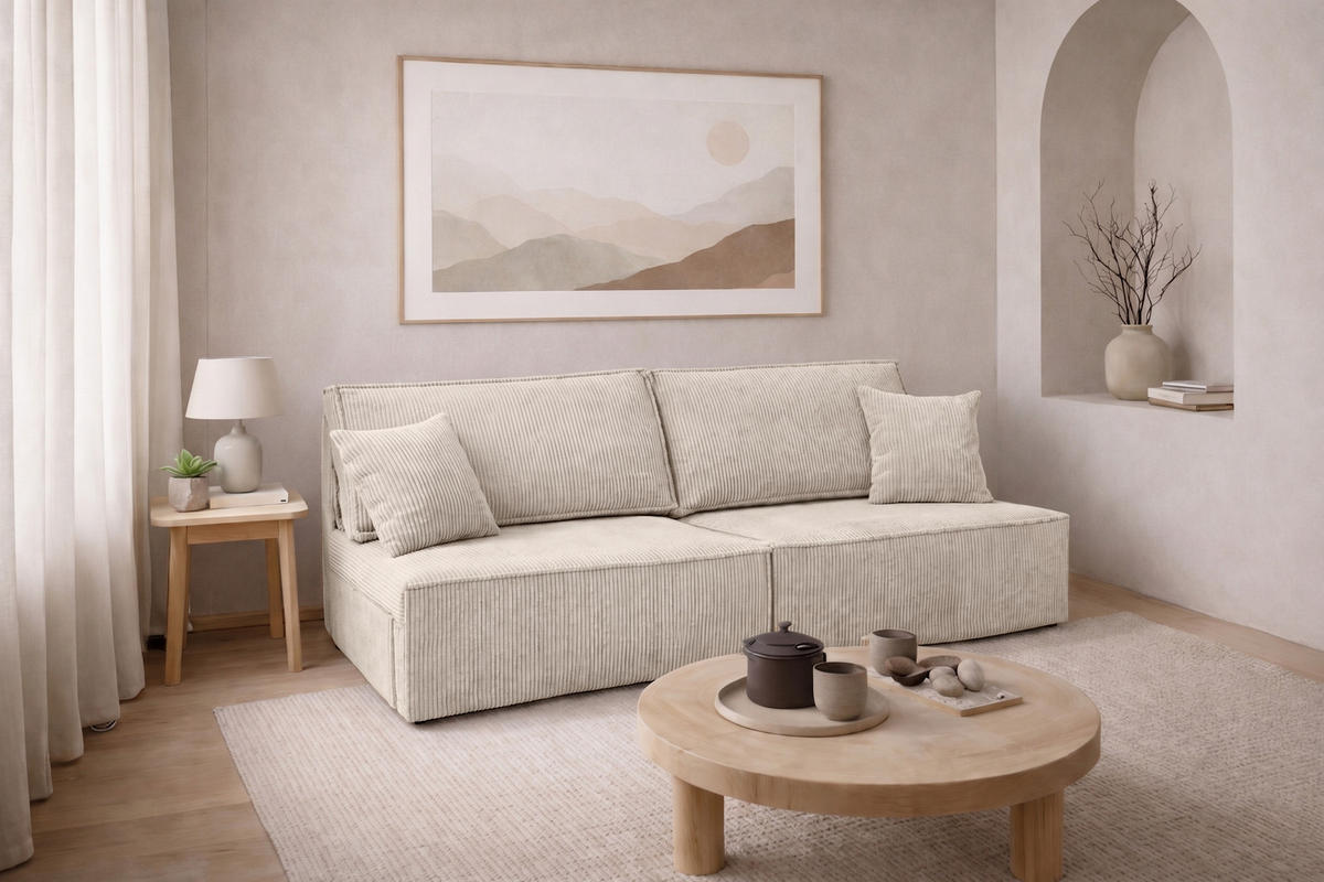 SOFA Mit Schlaffunktion Und Bettkasten, Cordstoff Poso, Beige, BEST MINI - Creme, Holz (200/83/98cm) - Kaiser Möbel