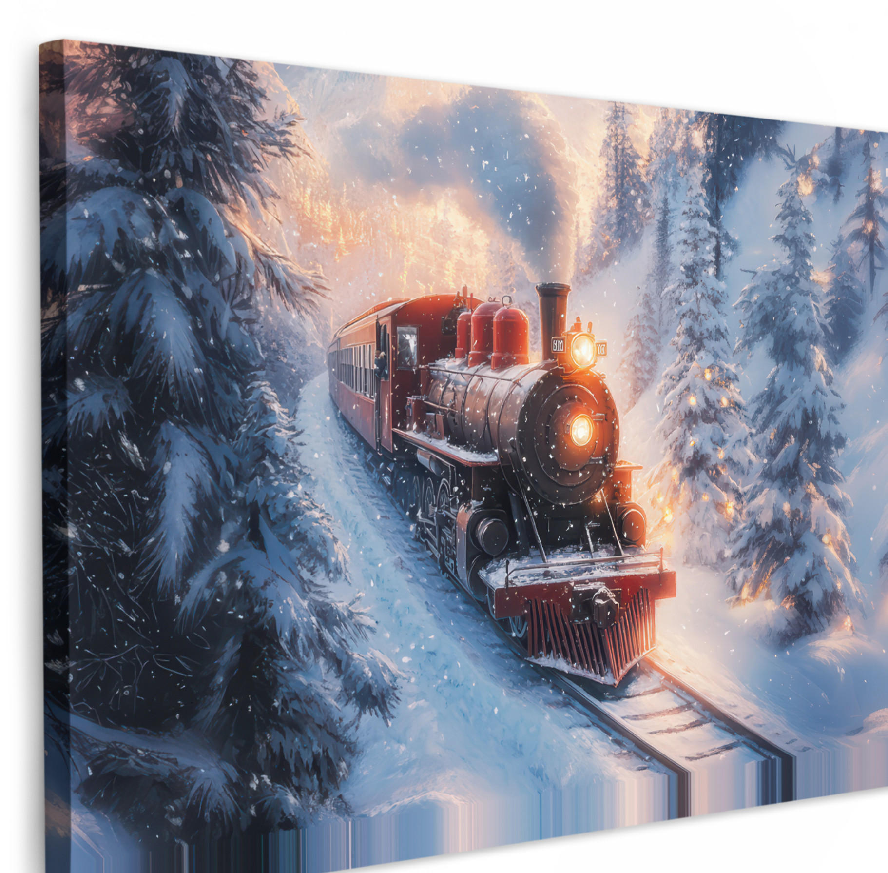 LEINWANDBILD Weihnachtszug - Schnee - Winter - Weihnachten Wohnzimmer 120x80 cm - Dunkelrot, Textil (120/80cm) - MuchoWow