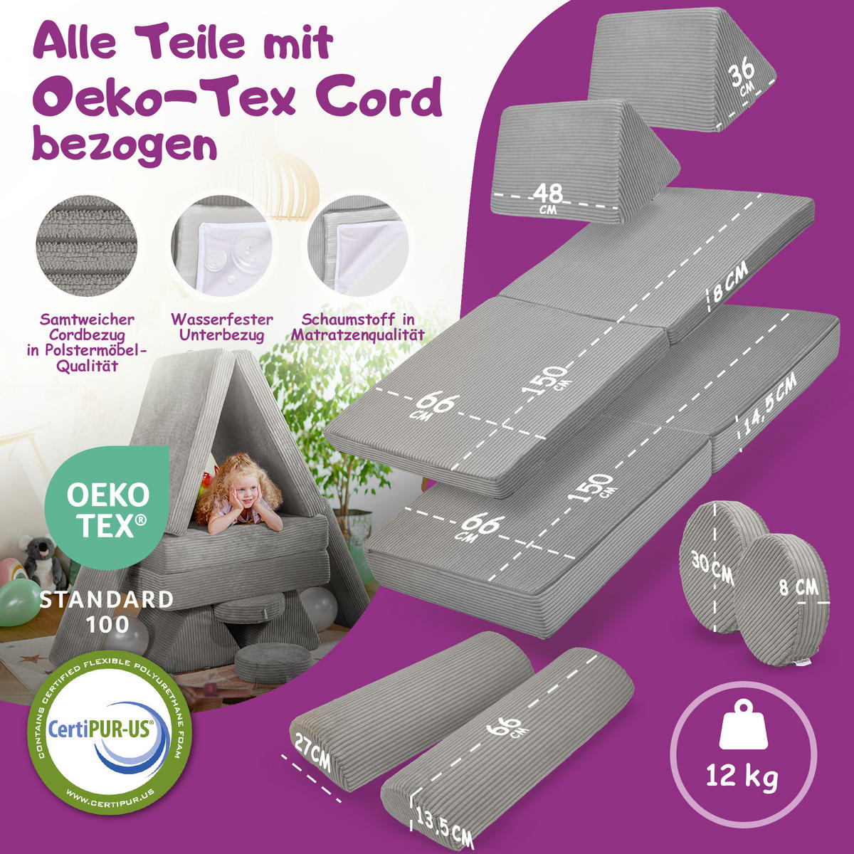 SPIELSOFA Kinder Fantasiewelt 8tlg - Grau, Textil (150/55/66cm) - Linodino