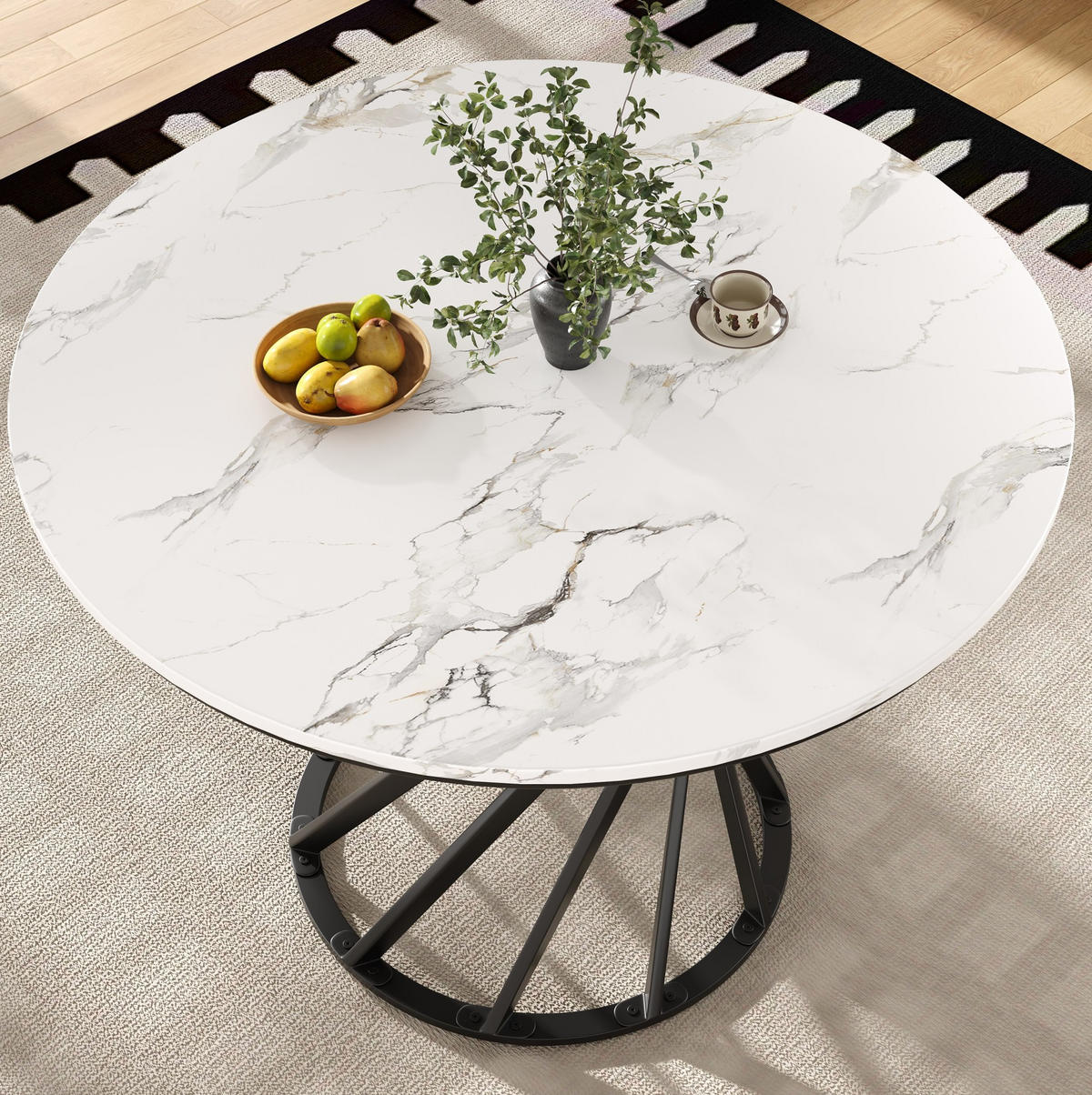 ESSTISCH 80/80/76 cm rund in Weiß/Schwarz mit marmorierter MDF-Platte - Schwarz, Holzwerkstoff (80/80/76cm) - Flora Grace