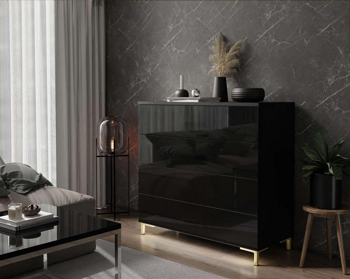 KOMMODE LINA 95 PUSH OPEN mit goldenen Beinen - Schwarz, Holzwerkstoff (95/84/40cm) - Lookway