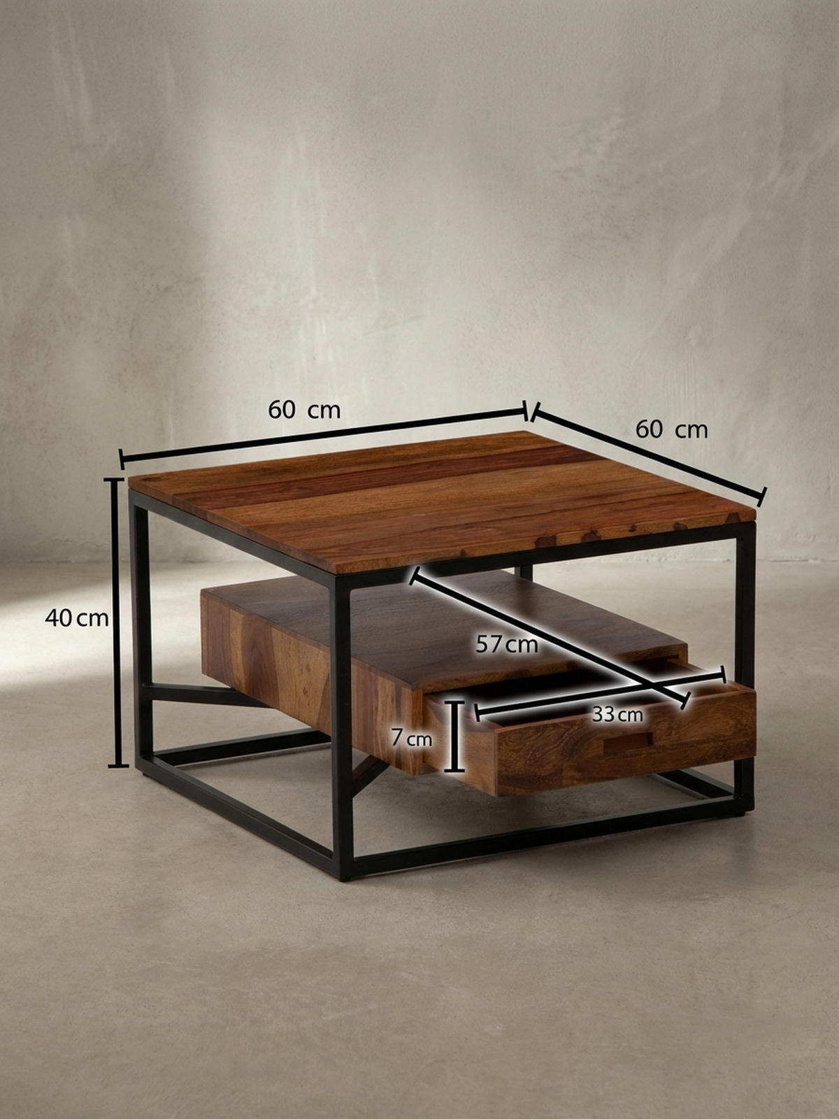 SOFATISCH Sheesham Massivholz und Metall, Quadratisch mit Schublade, Maße 60x60x40 cm - Schwarz/Braun, Holz/Metall (60/60/40cm) - KADIMA DESIGN