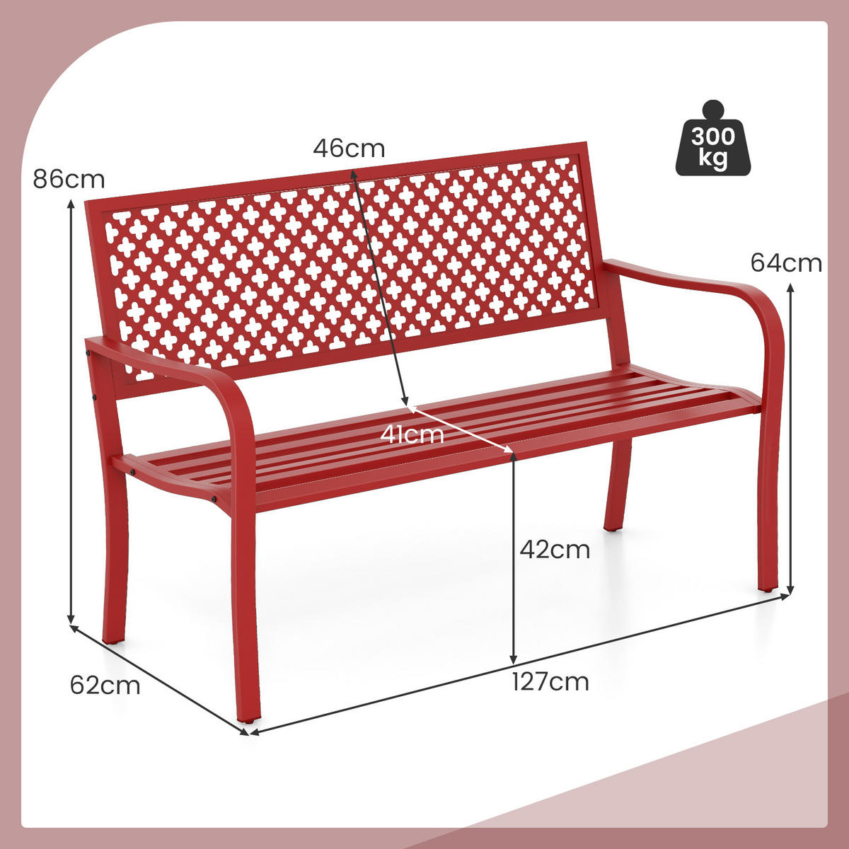 GARTENBANK Rot - Rot, Metall (62/86/127cm) - COSTWAY